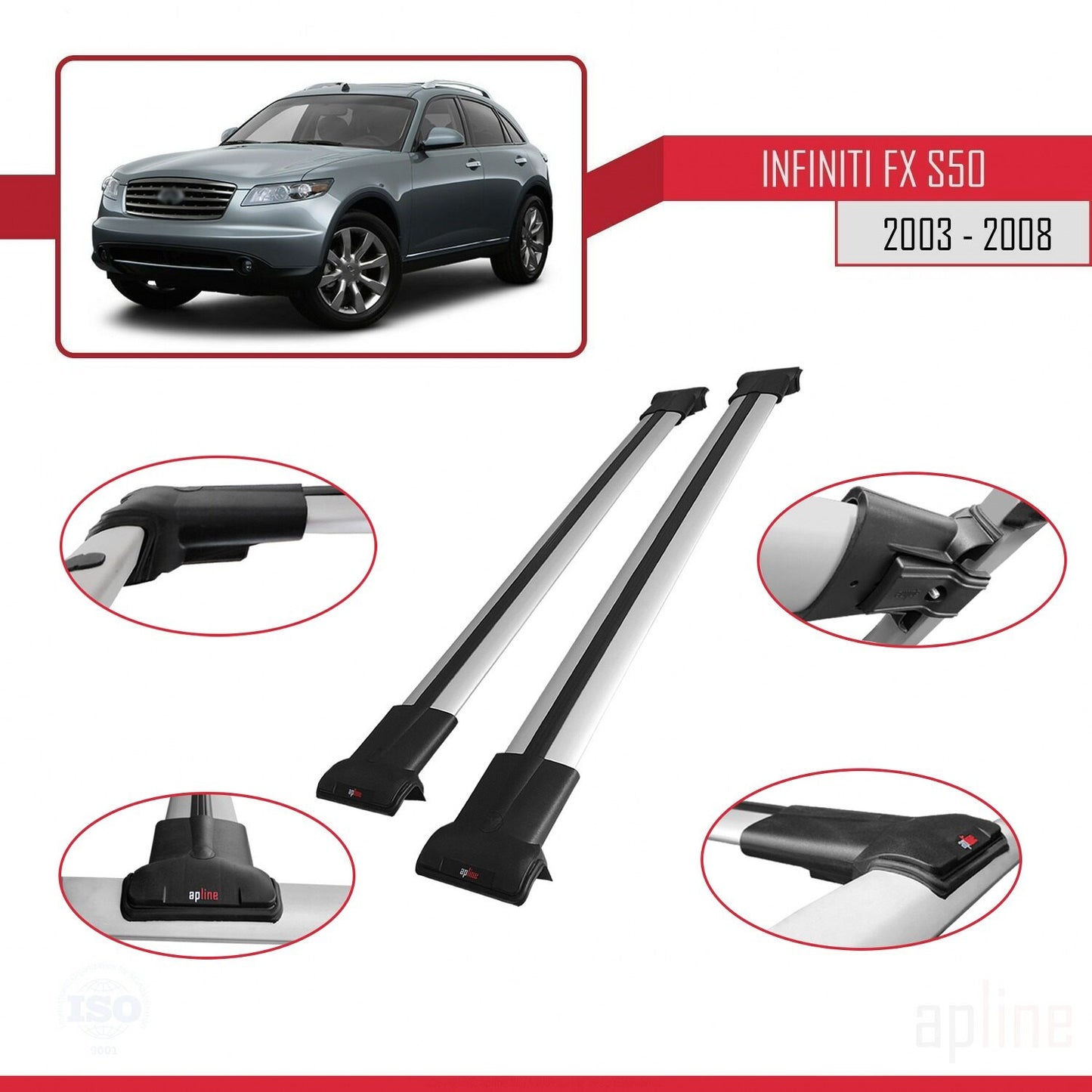 Compatible avec Infiniti FX (S50) 2003-2008 FLY Model Barres de Toit Railing Porte-Bagages de Voiture Gris Aluminium 2 Barres