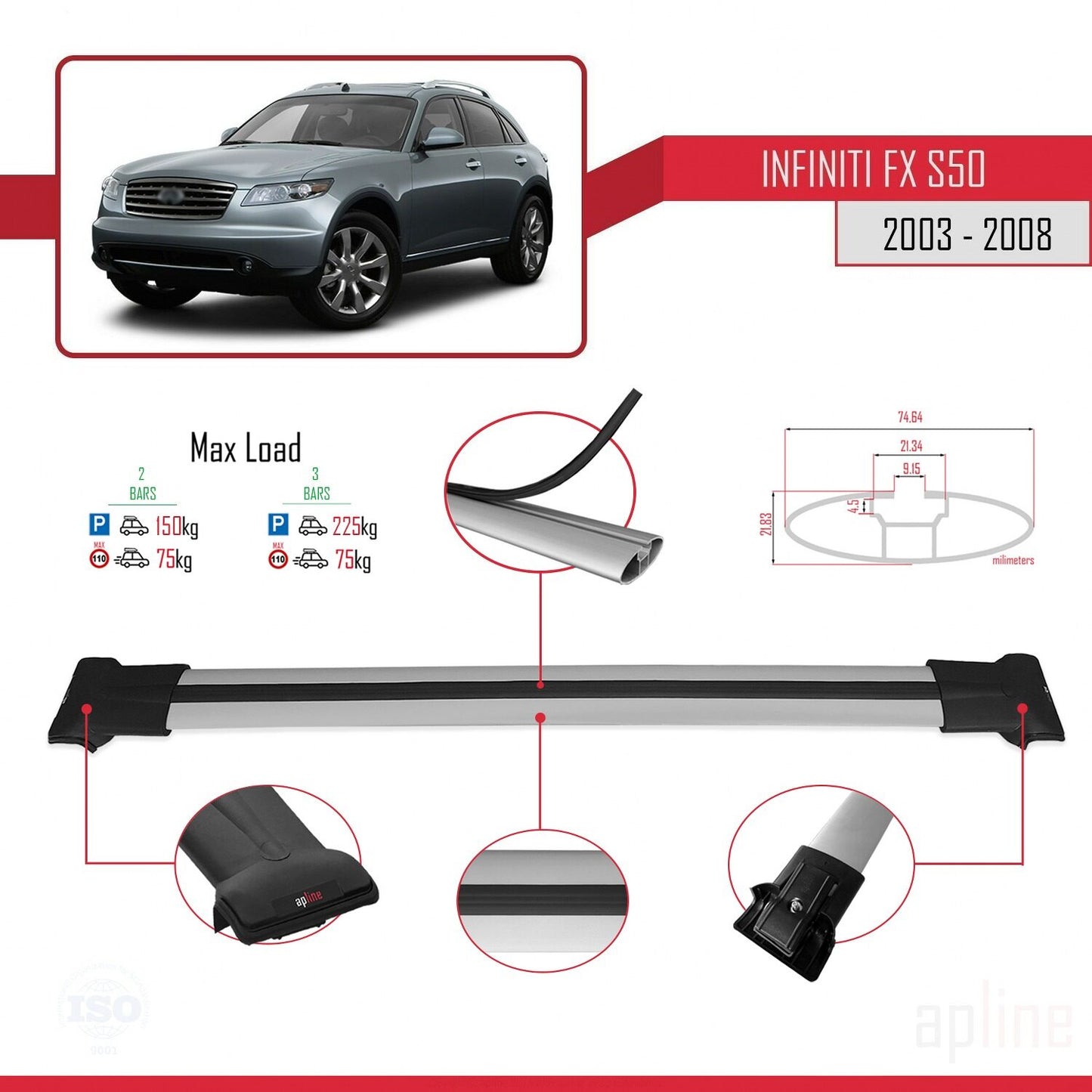 Compatible avec Infiniti FX (S50) 2003-2008 FLY Model Barres de Toit Railing Porte-Bagages de Voiture Gris Aluminium 2 Barres