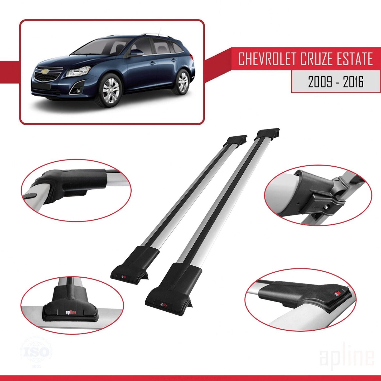 Compatible avec Chevrolet Cruze (J300) 2009-2016 FLY Model Barres de Toit Railing Porte-Bagages de Voiture Gris Aluminium 2 Barres