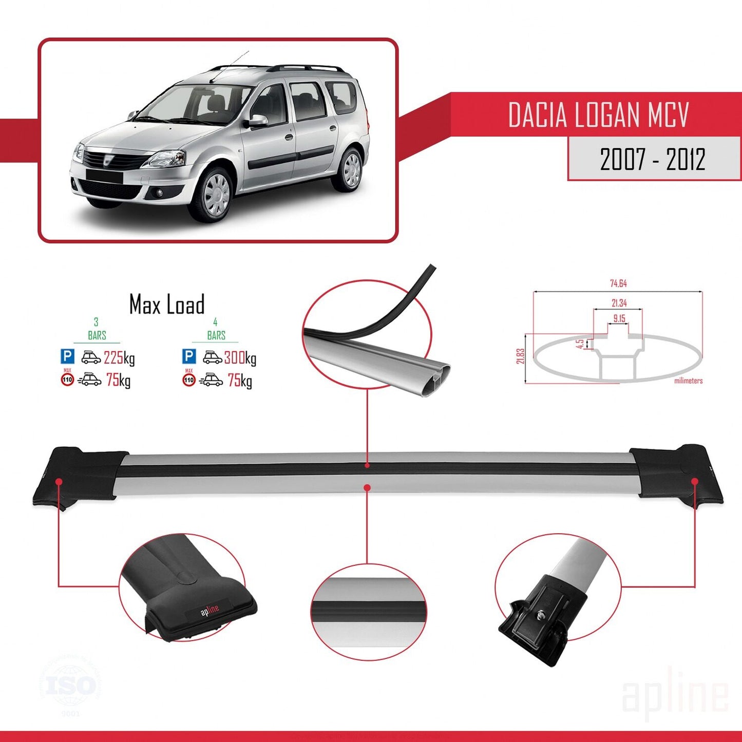 Compatible avec Dacia Logan 2 MCV (K52) 2007-2012 FLY Model Barres de Toit Railing Porte-Bagages de Voiture Gris Aluminium 3 Barres