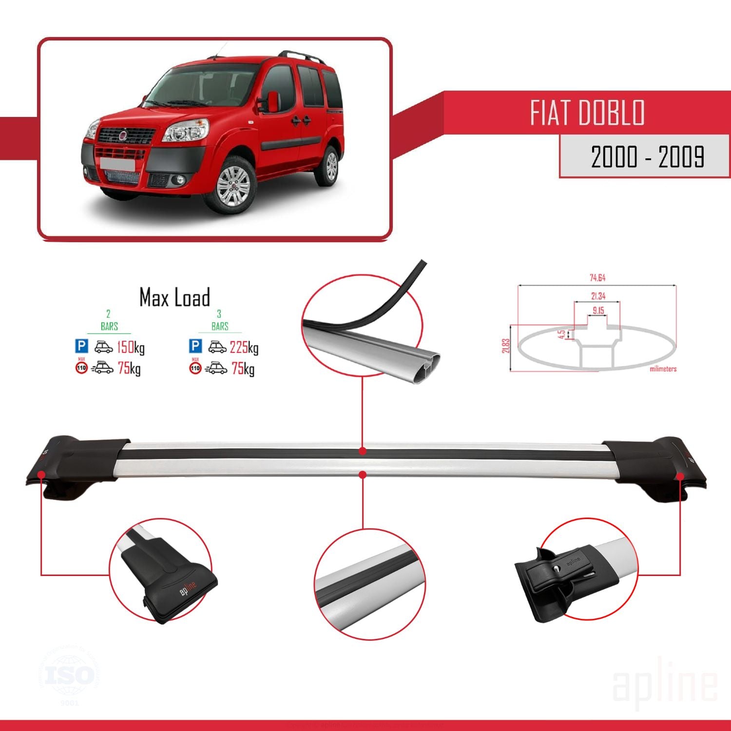Compatible avec Fiat Doblo 2000-2009 FLY Model Barres de Toit Railing Porte-Bagages de Voiture Gris Aluminium 4 Barres