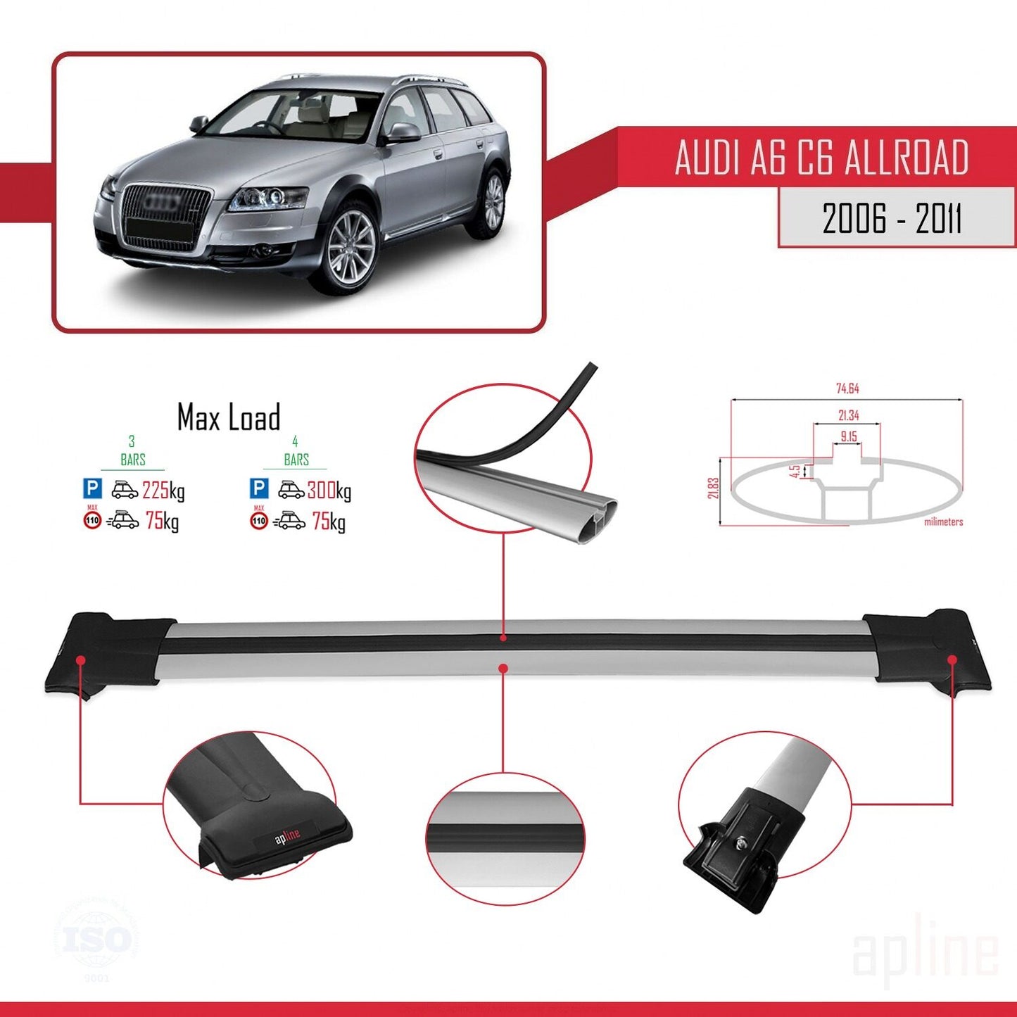 Compatible avec A6 (C6) Allroad 2006-2011 FLY Model Barres de Toit Railing Porte-Bagages de Voiture Gris Aluminium 3 Barres