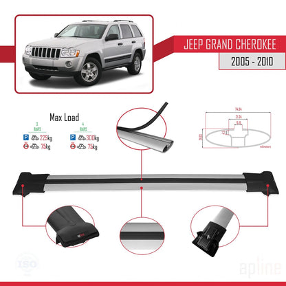 Compatible avec Jeep Grand Cherokee 3 (WK) 2005-2010 FLY Model Barres de Toit Railing Porte-Bagages de Voiture Gris Aluminium 3 Barres