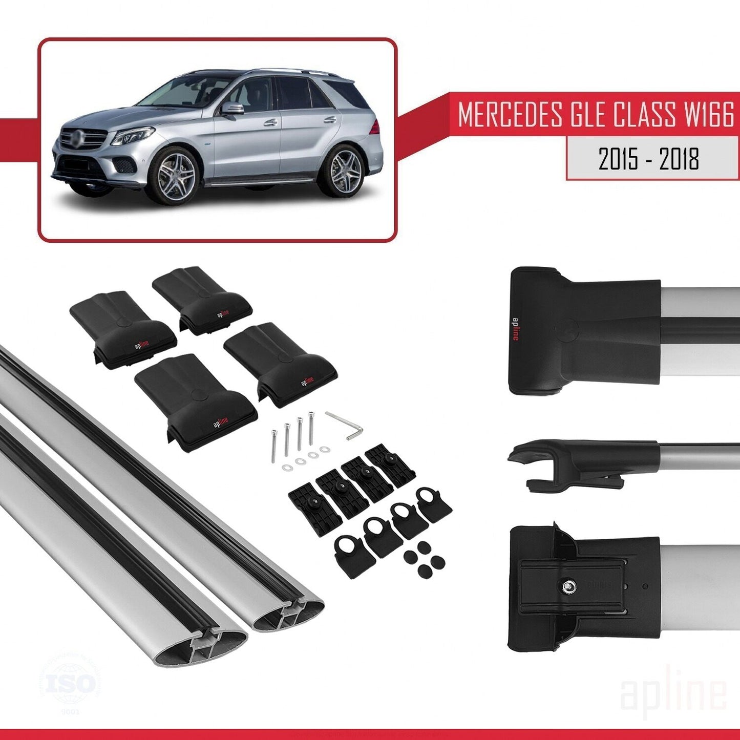 Compatible avec Mercedes Classe GLE 3 (W166) 2015-2018 FLY Model Barres de Toit Railing Porte-Bagages de Voiture Gris Aluminium 2 Barres