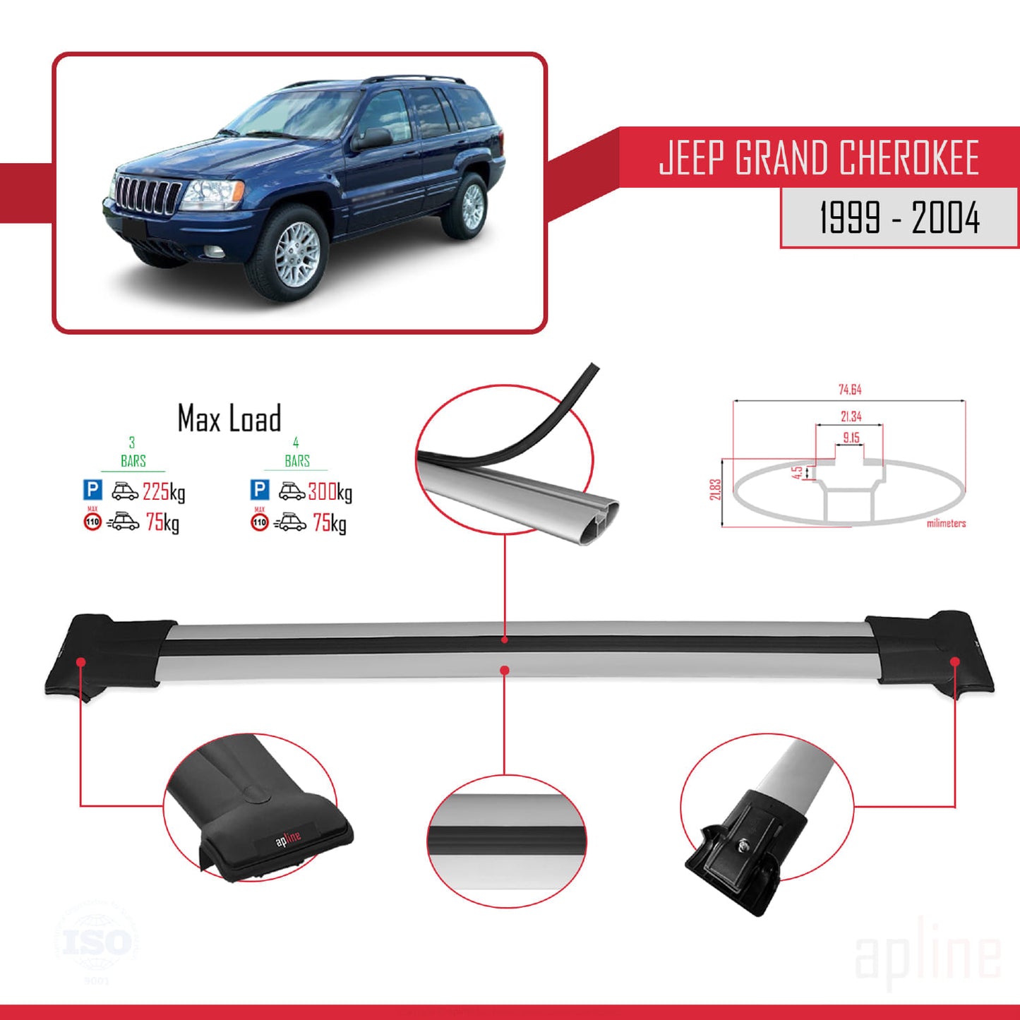 Compatible avec Jeep Grand Cherokee 2 (WJ) 1999-2004 FLY Model Barres de Toit Railing Porte-Bagages de Voiture Gris Aluminium 3 Barres