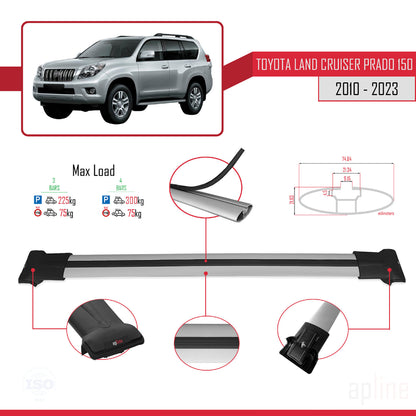 Compatible avec Toyota Land Cruiser Prado (J150) 2010-2023 FLY Model Barres de Toit Railing Porte-Bagages de Voiture Gris Aluminium 3 Barres