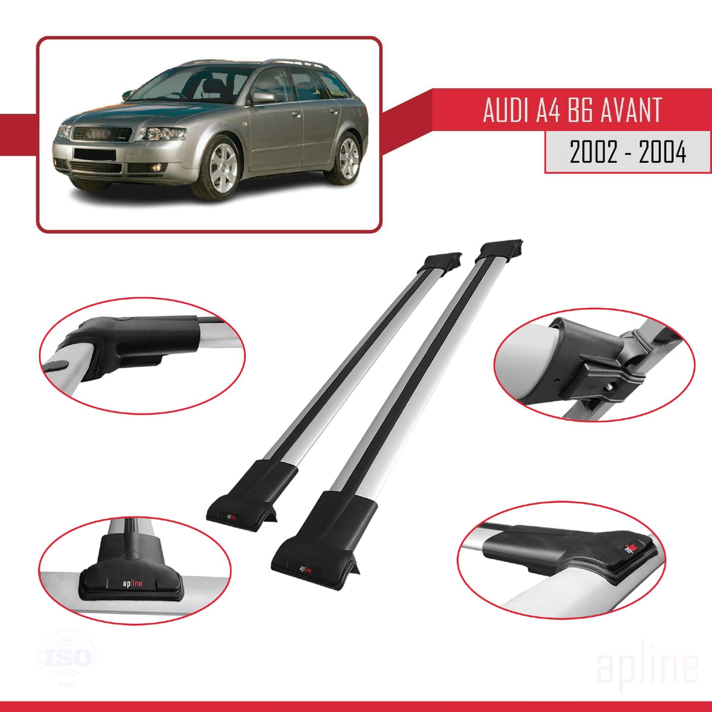 Compatible avec A4 (B6) Avant 2002-2004 FLY Model Barres de Toit Railing Porte-Bagages de Voiture Gris Aluminium 2 Barres