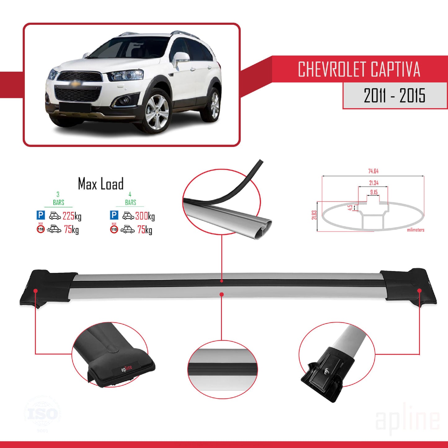 Compatible avec Chevrolet Captiva 2011-2015 FLY Model Barres de Toit Railing Porte-Bagages de Voiture Gris Aluminium 3 Barres