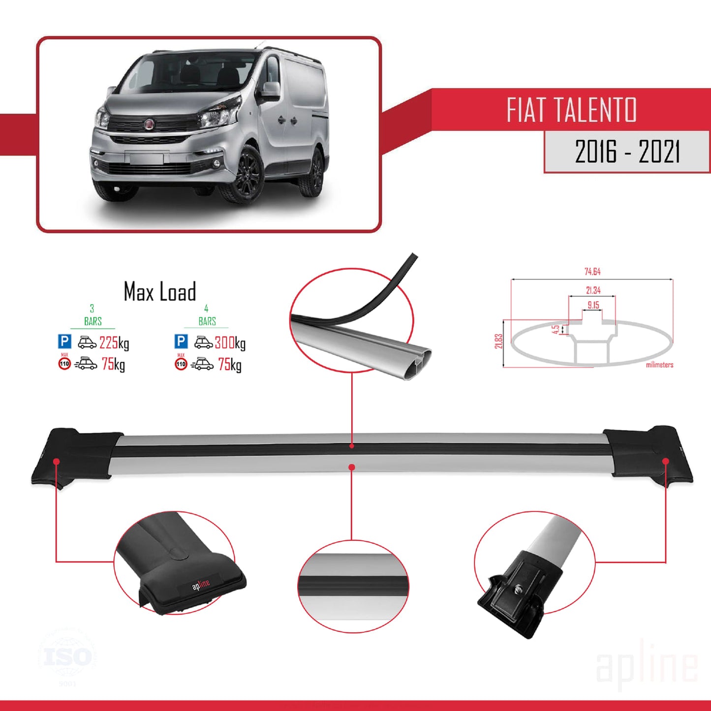 FLY Model Dakdrager bagagedrager compatibel met Fiat Talento 2016-2021 Spoorstaven Grijs Aluminium 4 Staven