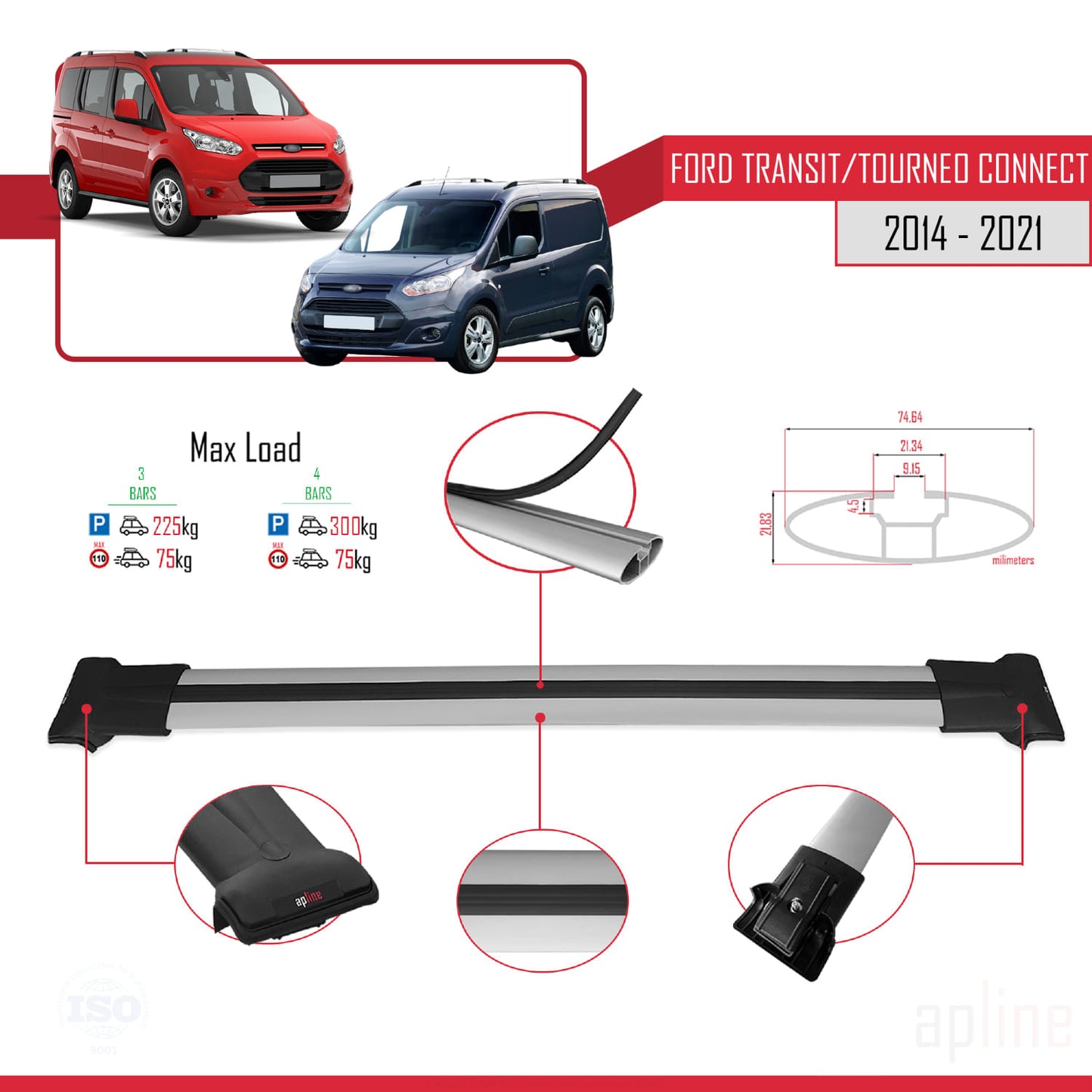 Compatible avec Ford Transit/Tourneo Connect 2 2014-2021 FLY Model Barres de Toit Railing Porte-Bagages de Voiture Gris Aluminium 4 Barres