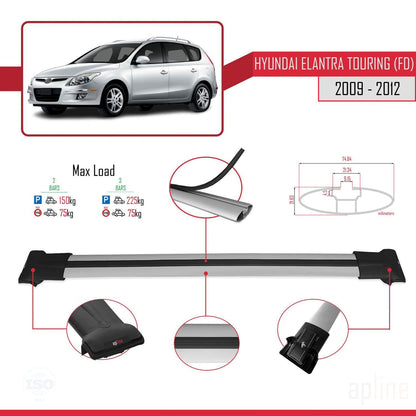 Compatible with Hyundai Elantra Touring (FD) 2009-2012 FLY Model Car Roof Rack Cross Bar Grey Aluminium 2 Bars
