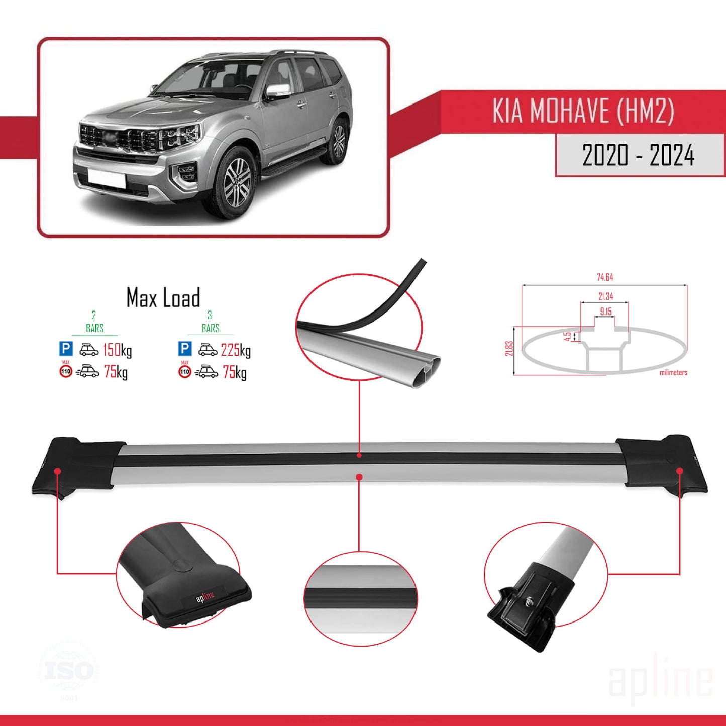 Compatible avec Kia Mohave 2 (HM2) 2020-2024 FLY Model Barres de Toit Railing Porte-Bagages de Voiture Gris Aluminium 2 Barres