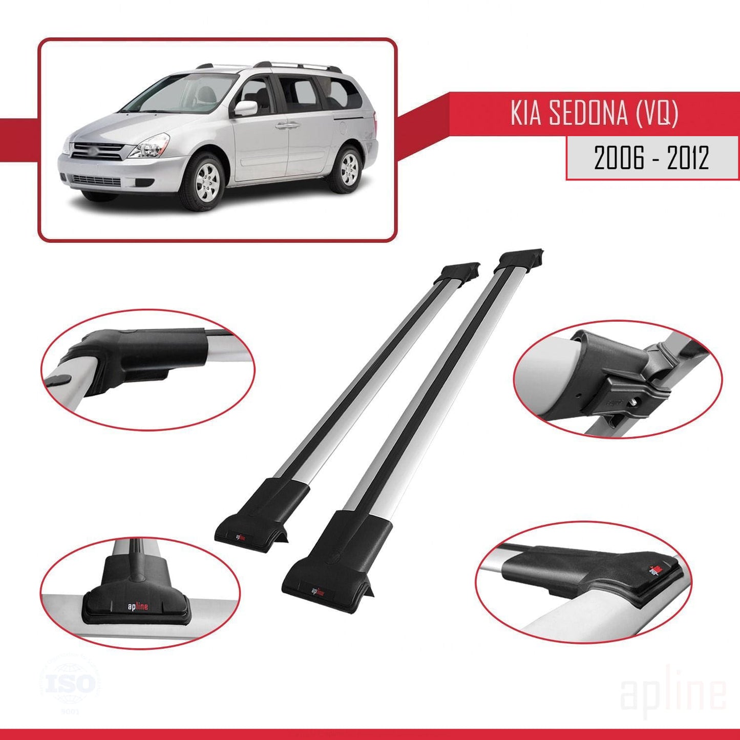 FLY Model Dakdrager bagagedrager compatibel met Kia Sedona 2 (VQ) 2006-2012 Spoorstaven Grijs Aluminium 2 Staven
