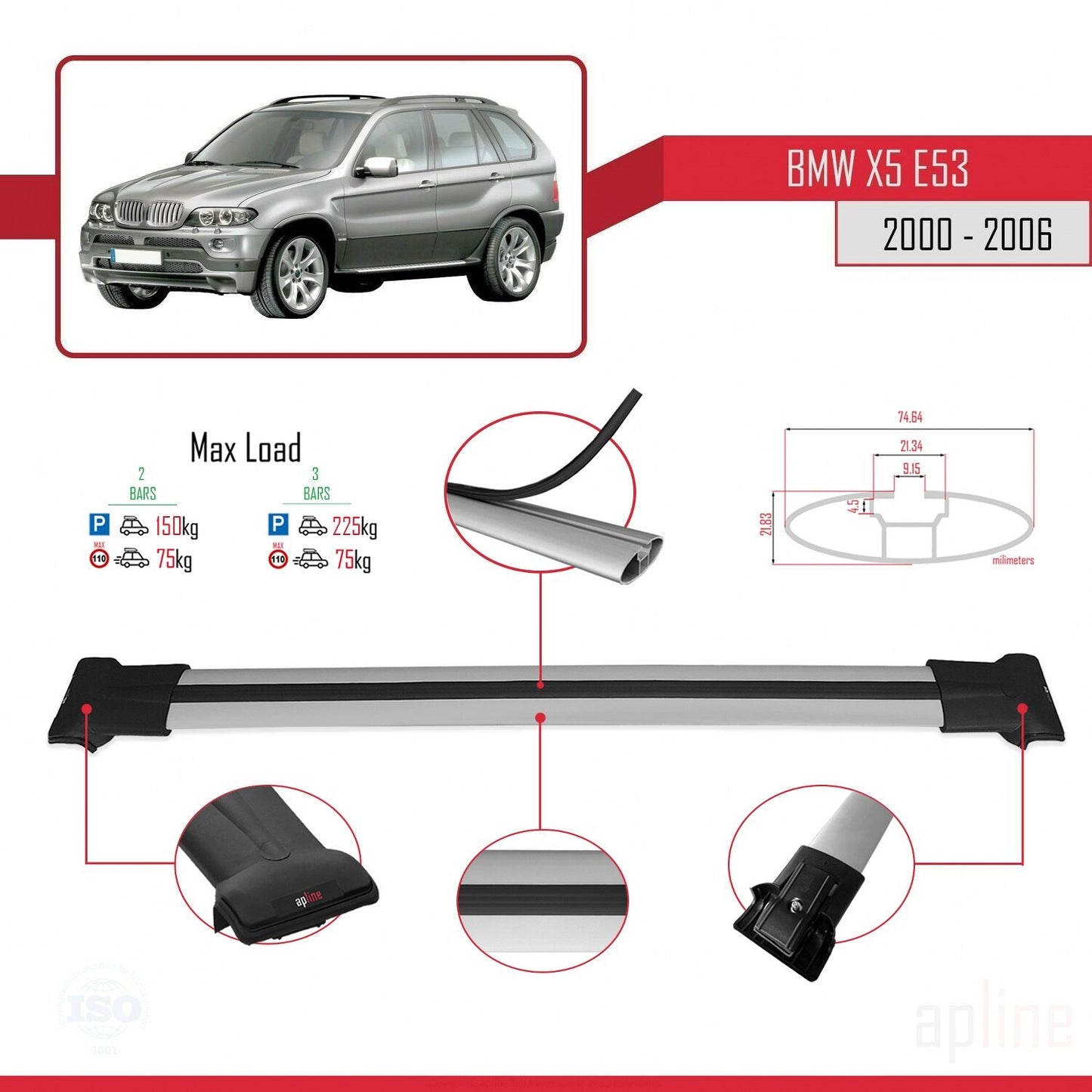 Compatible avec BMW X5 (E53) 2000-2006 FLY Model Barres de Toit Railing Porte-Bagages de Voiture Gris Aluminium 2 Barres