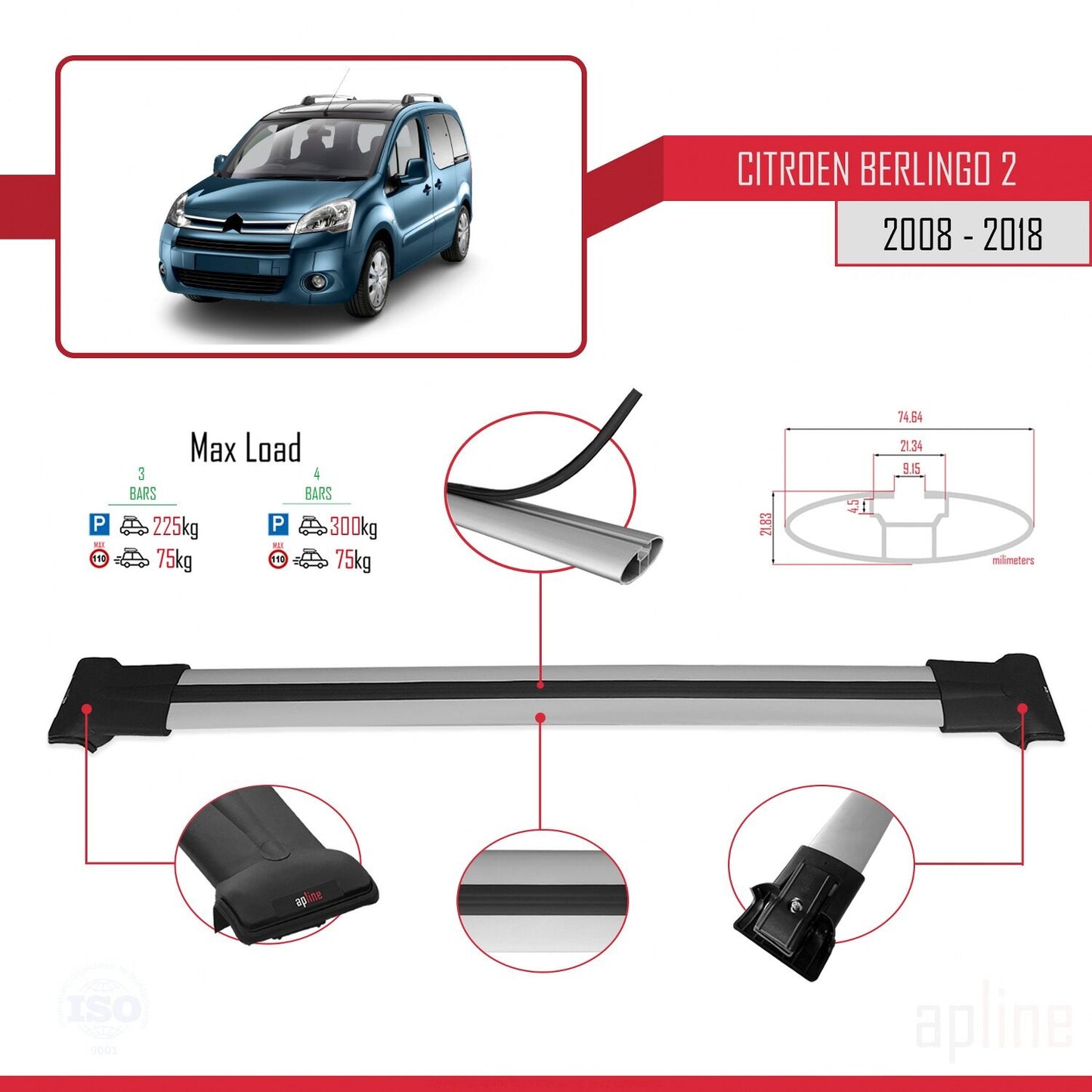 FLY Model Dakdrager bagagedrager compatibel met Citroen Berlingo 2 (B9) 2008-2018 Spoorstaven Grijs Aluminium 3 Staven