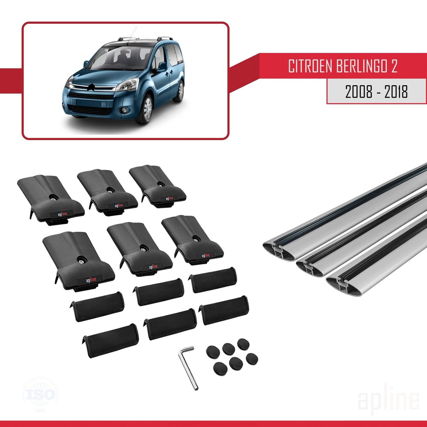 FLY Model Dakdrager bagagedrager compatibel met Citroen Berlingo 2 (B9) 2008-2018 Spoorstaven Grijs Aluminium 3 Staven