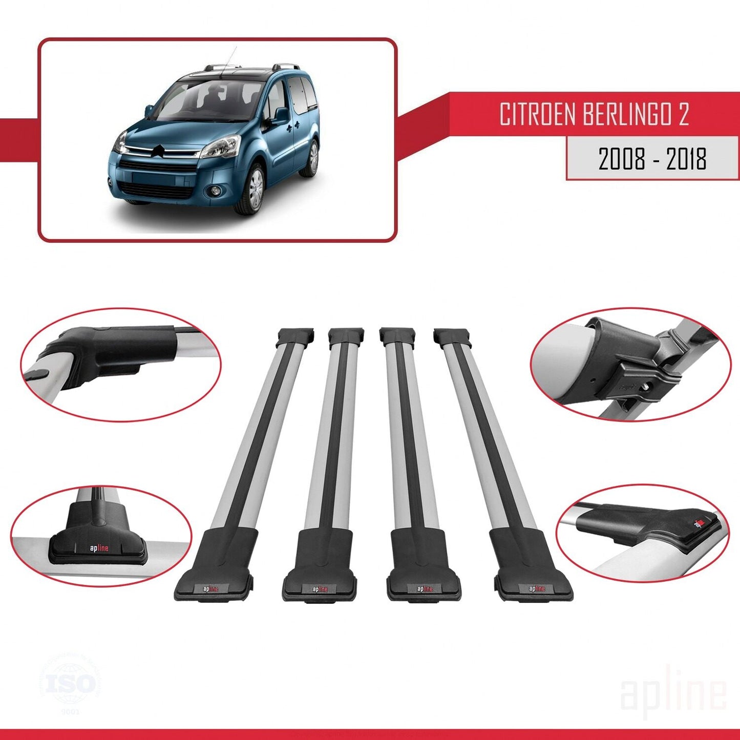 FLY Model Dakdrager bagagedrager compatibel met Citroen Berlingo 2 (B9) 2008-2018 Spoorstaven Grijs Aluminium 4 Staven