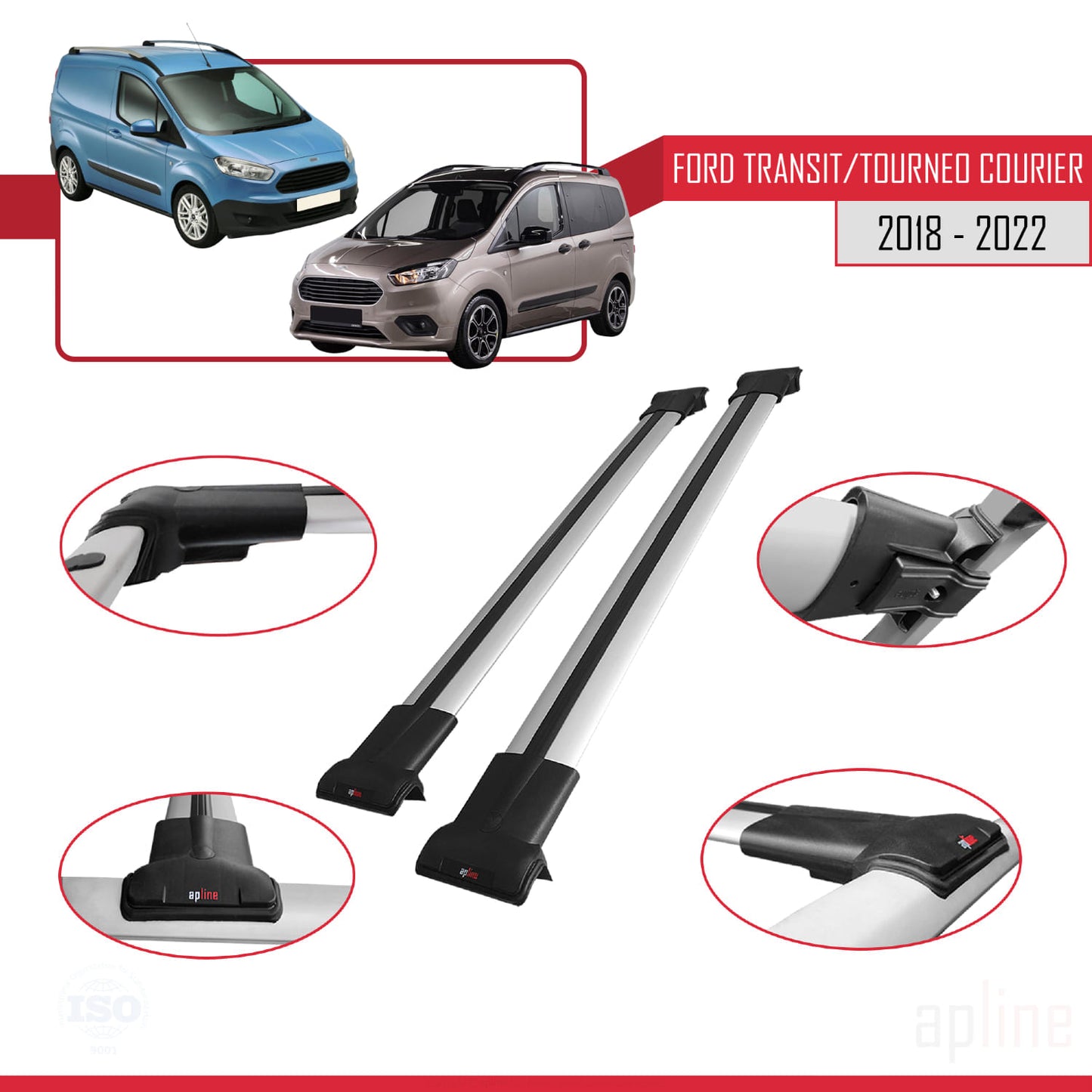 Compatible avec Ford Transit/Tourneo Courier Post-Facelift 2018-2022 FLY Model Barres de Toit Railing Porte-Bagages de Voiture Gris Aluminium 2 Barres