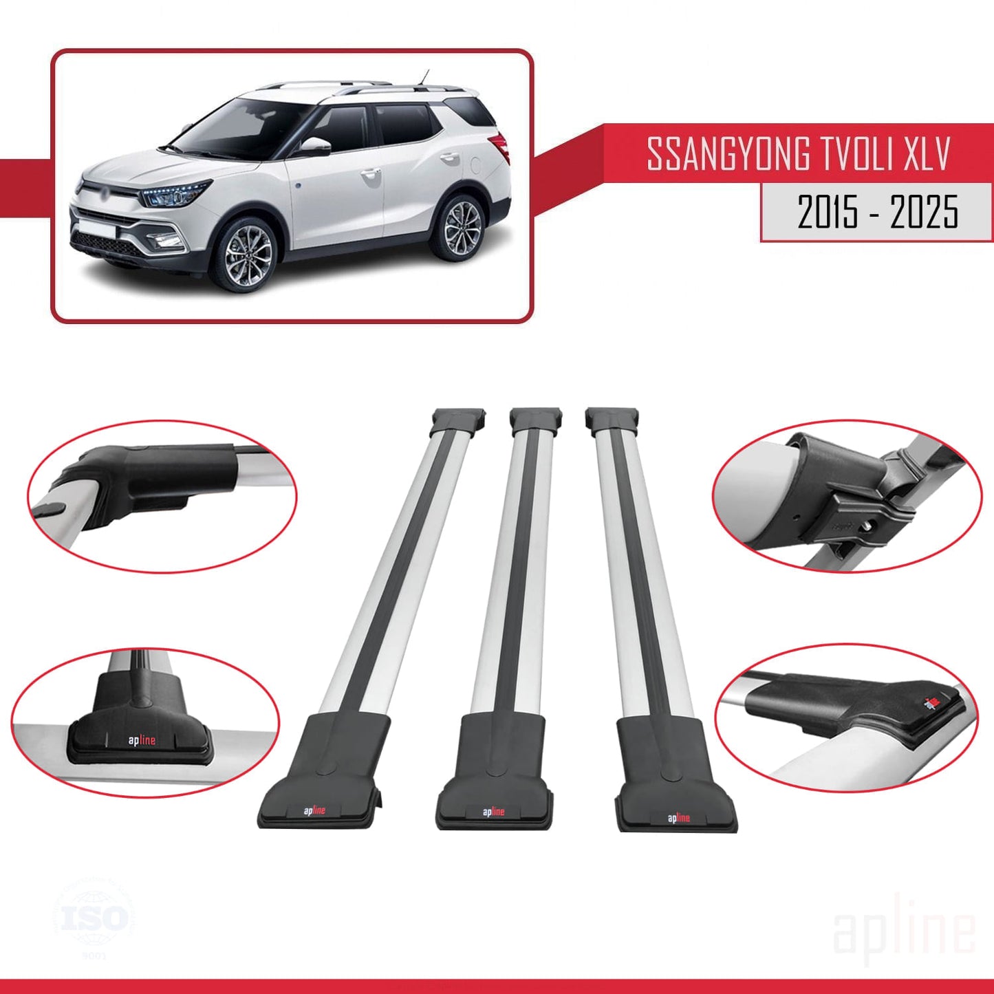 Compatible avec Ssangyong Tivoli XLV 2015-2025 FLY Model Barres de Toit Railing Porte-Bagages de Voiture Gris Aluminium 3 Barres