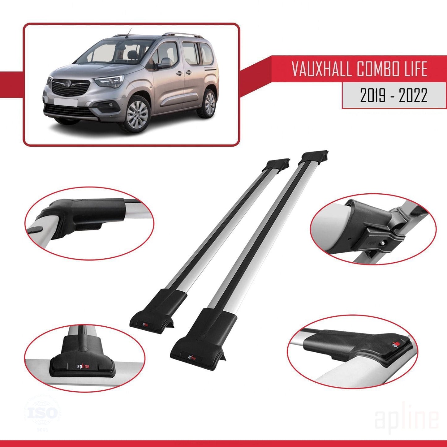 Compatible avec Vauxhall Combo E Life 2019-2022 FLY Model Barres de Toit Railing Porte-Bagages de Voiture Gris Aluminium 2 Barres