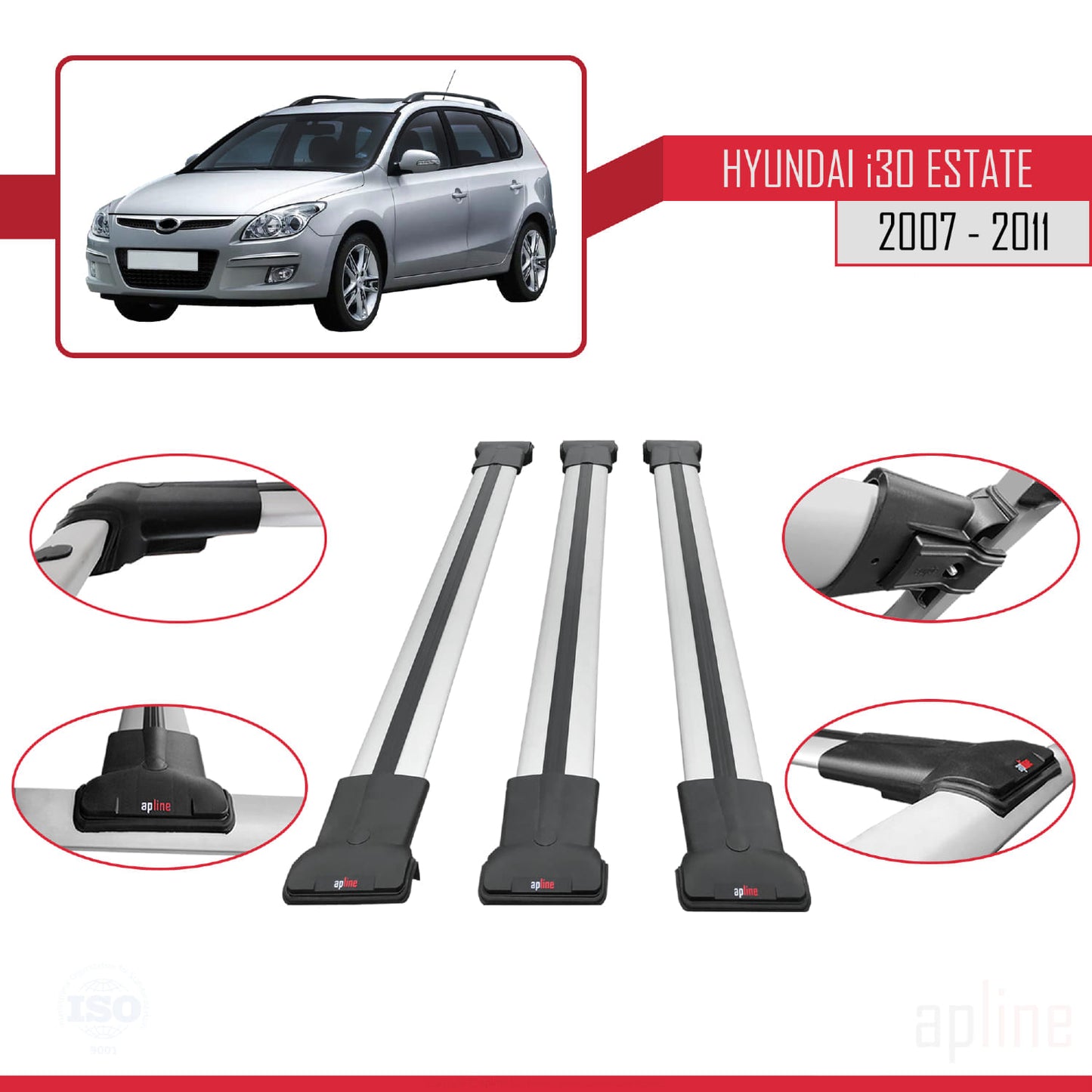 Compatible avec Hyundai i30 (FD) Break 2007-2011 FLY Model Barres de Toit Railing Porte-Bagages de Voiture Gris Aluminium 3 Barres