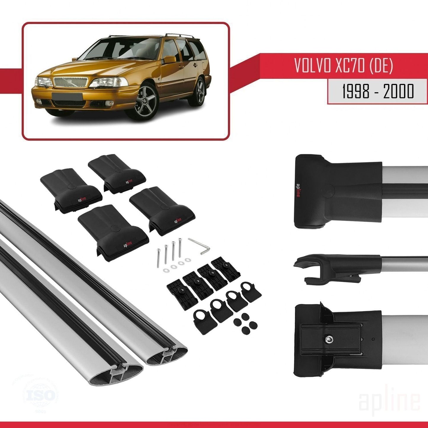 Compatible avec Volvo XC70 1998-2000 FLY Model Barres de Toit Railing Porte-Bagages de Voiture Gris Aluminium 2 Barres