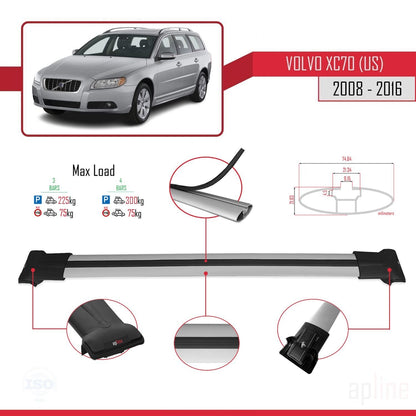 Compatible avec Volvo XC70 II (P24) 2008-2016 FLY Model Barres de Toit Railing Porte-Bagages de Voiture Gris Aluminium 3 Barres