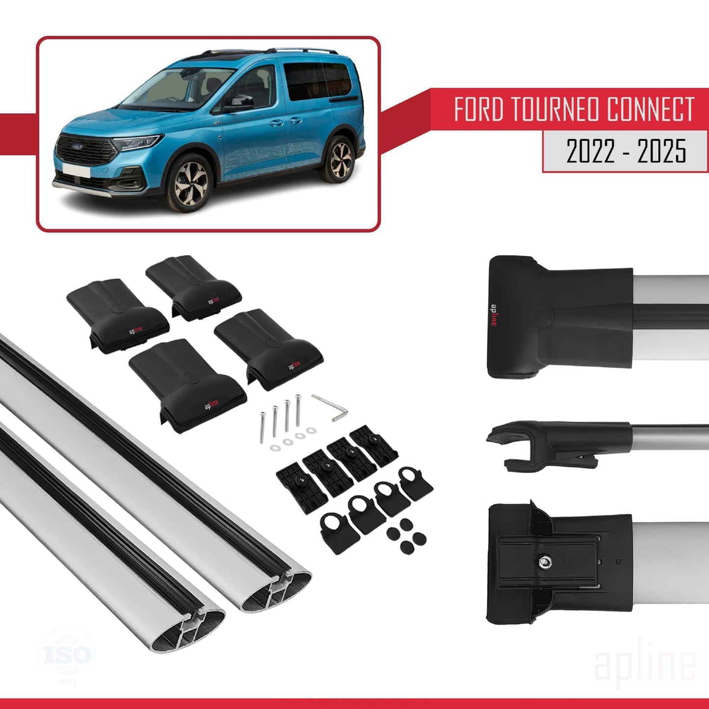 Compatible avec Ford Transit/Tourneo Connect 3 2022-2025 FLY Model Barres de Toit Railing Porte-Bagages de Voiture Gris Aluminium 2 Barres