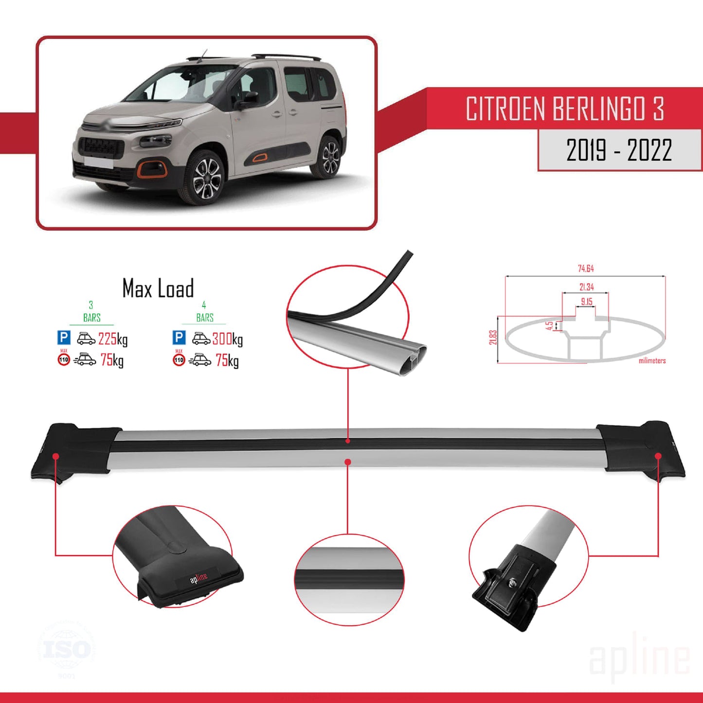 Compatible avec Citroen Berlingo 3 (K9) 2019-2022 FLY Model Barres de Toit Railing Porte-Bagages de Voiture Gris Aluminium 3 Barres