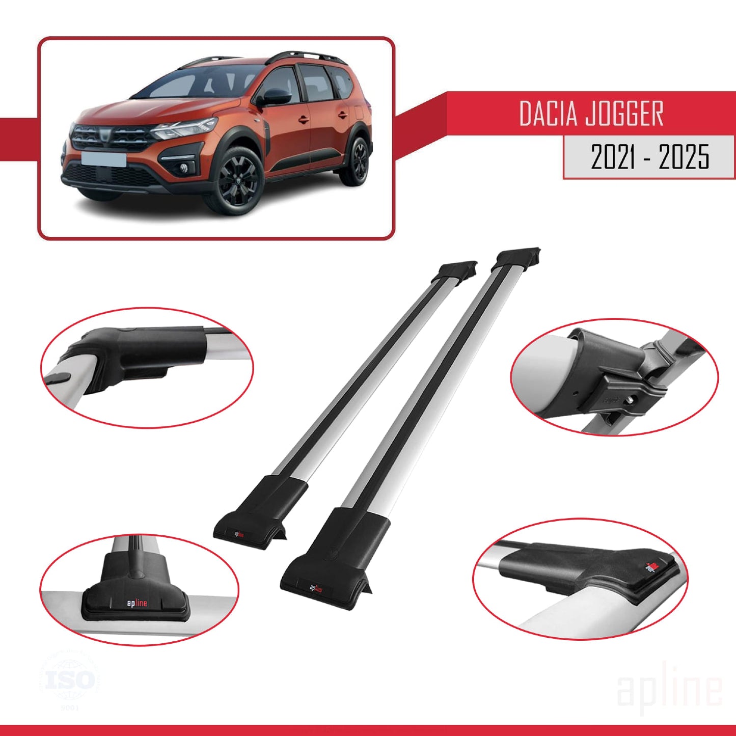 Compatible avec Dacia Jogger 2021-2025 FLY Model Barres de Toit Railing Porte-Bagages de Voiture Gris Aluminium 2 Barres