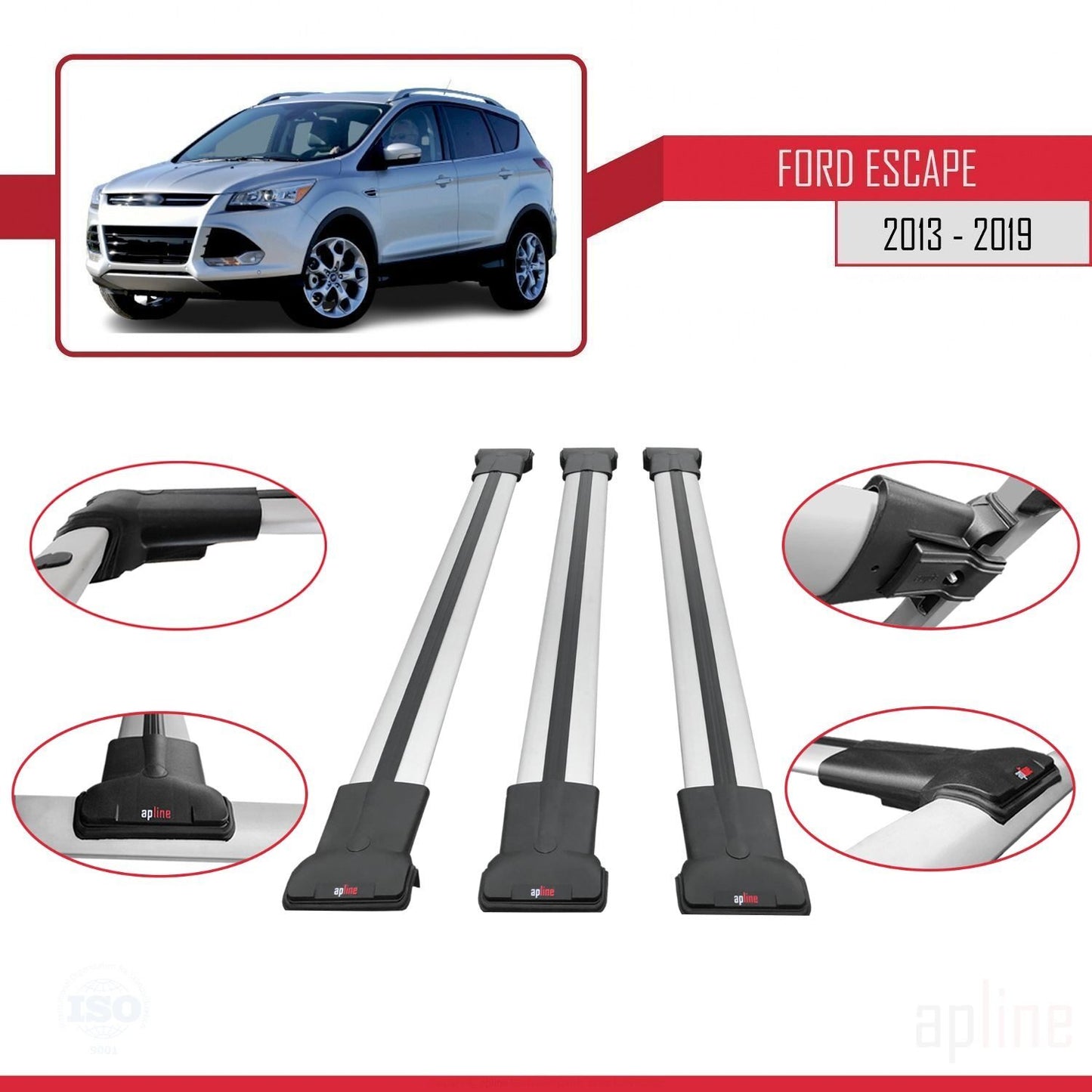 Compatible avec Ford Escape 3 2013-2019 FLY Model Barres de Toit Railing Porte-Bagages de Voiture Gris Aluminium 3 Barres