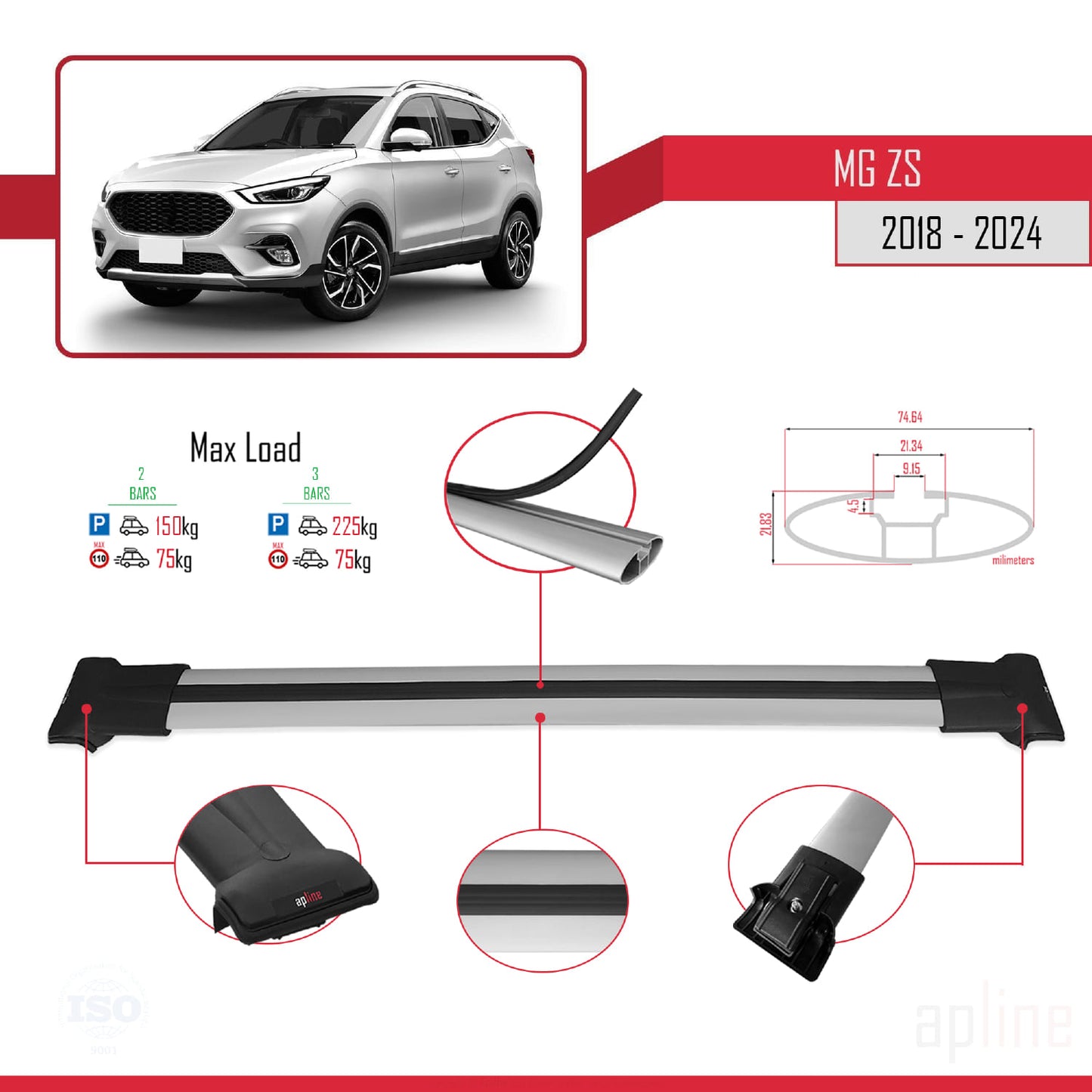 Compatible avec MG ZS 2018-2024 FLY Model Barres de Toit Railing Porte-Bagages de Voiture Gris Aluminium 2 Barres