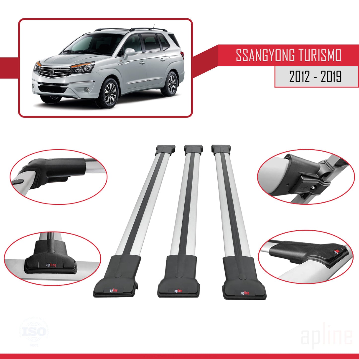 Compatible avec Ssangyong Turismo 2012-2019 FLY Model Barres de Toit Railing Porte-Bagages de Voiture Gris Aluminium 3 Barres