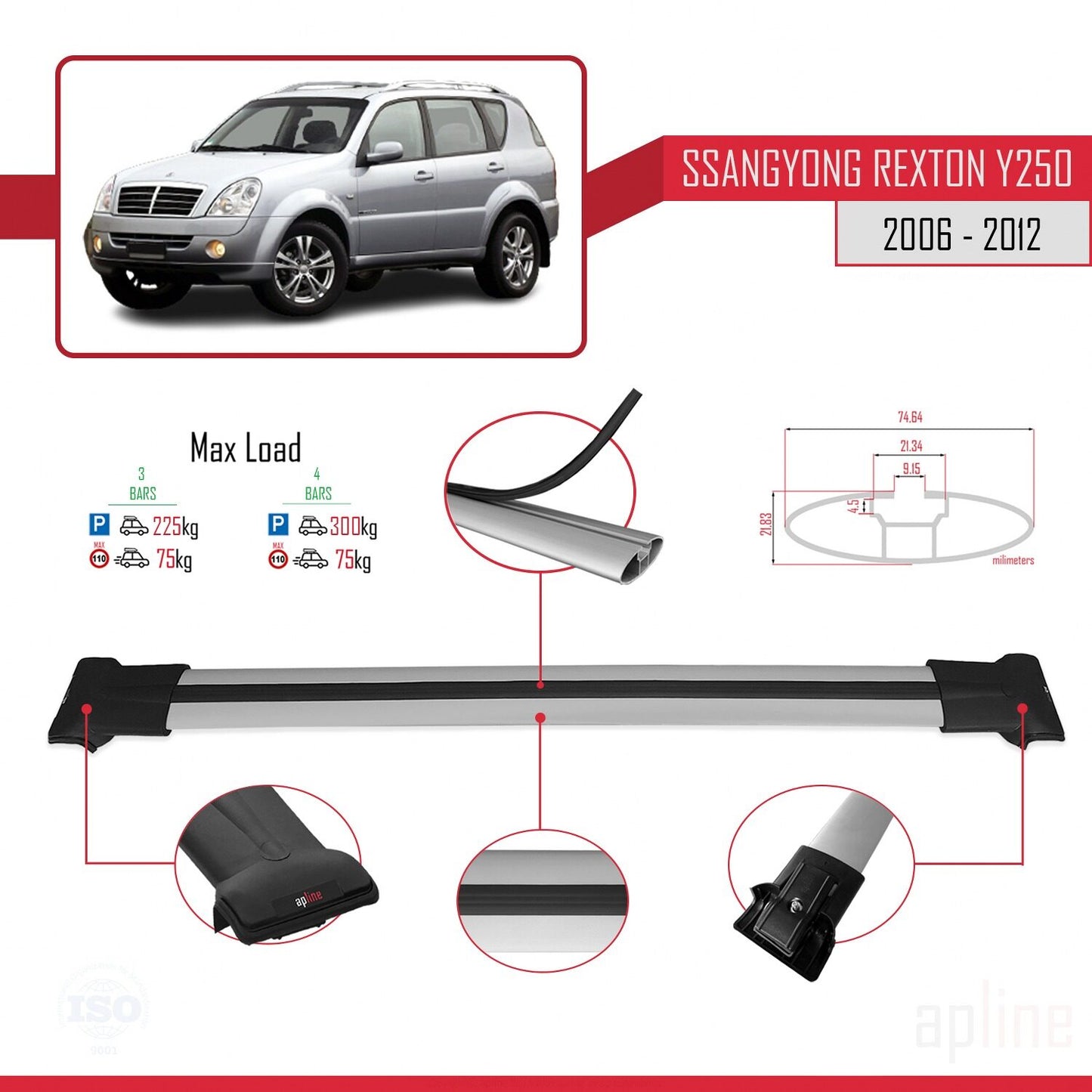 FLY Model Dakdrager bagagedrager compatibel met Ssangyong Rexton (Y250) 2006-2012 Spoorstaven Grijs Aluminium 3 Staven