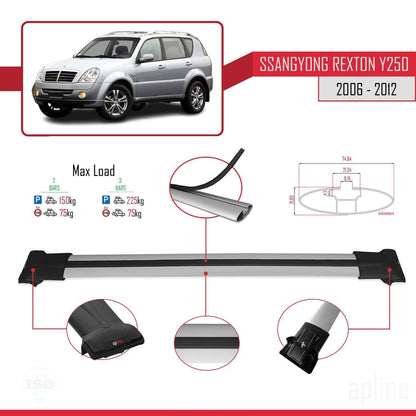 FLY Model Dakdrager bagagedrager compatibel met Ssangyong Rexton (Y250) 2006-2012 Spoorstaven Grijs Aluminium 2 Staven