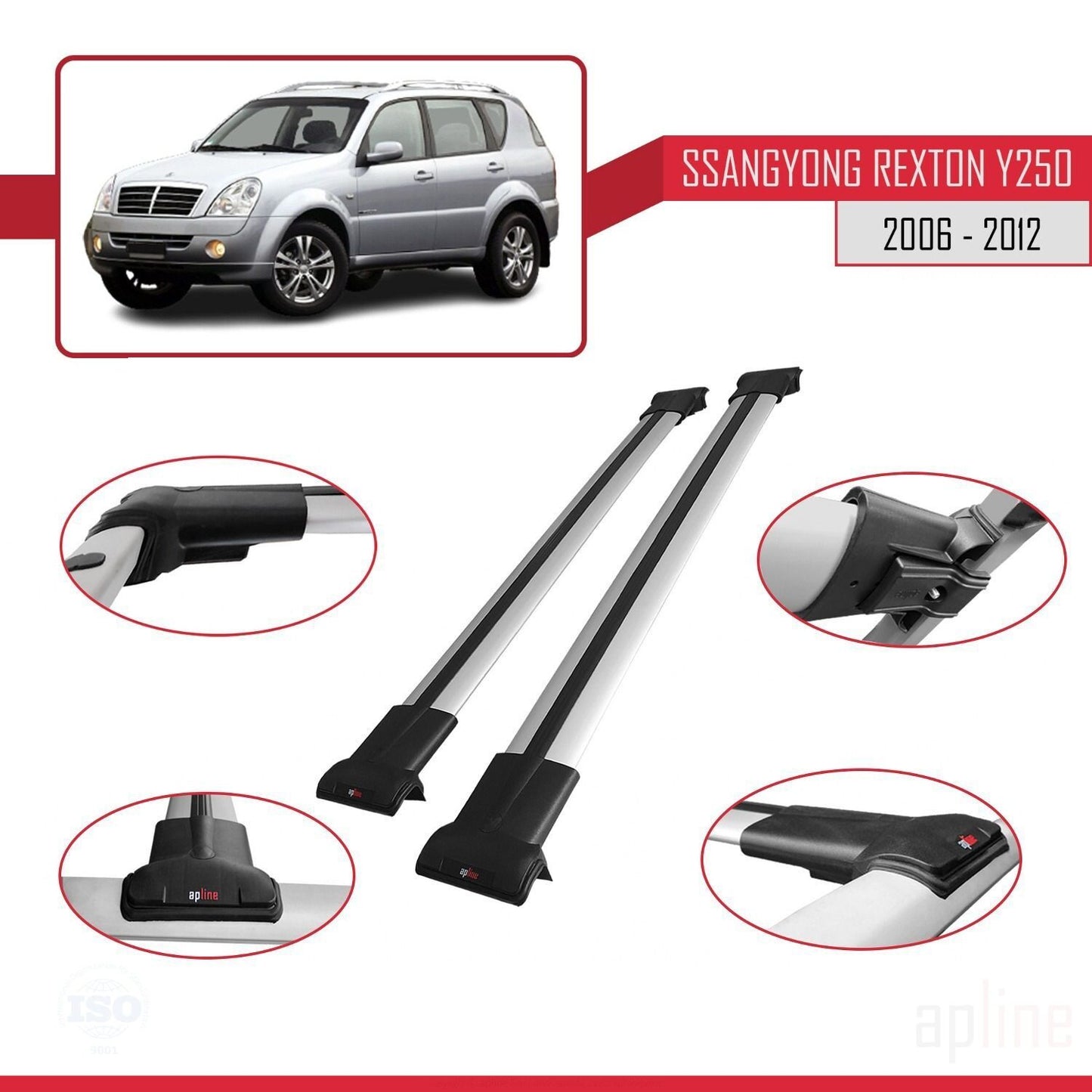 FLY Model Dakdrager bagagedrager compatibel met Ssangyong Rexton (Y250) 2006-2012 Spoorstaven Grijs Aluminium 2 Staven
