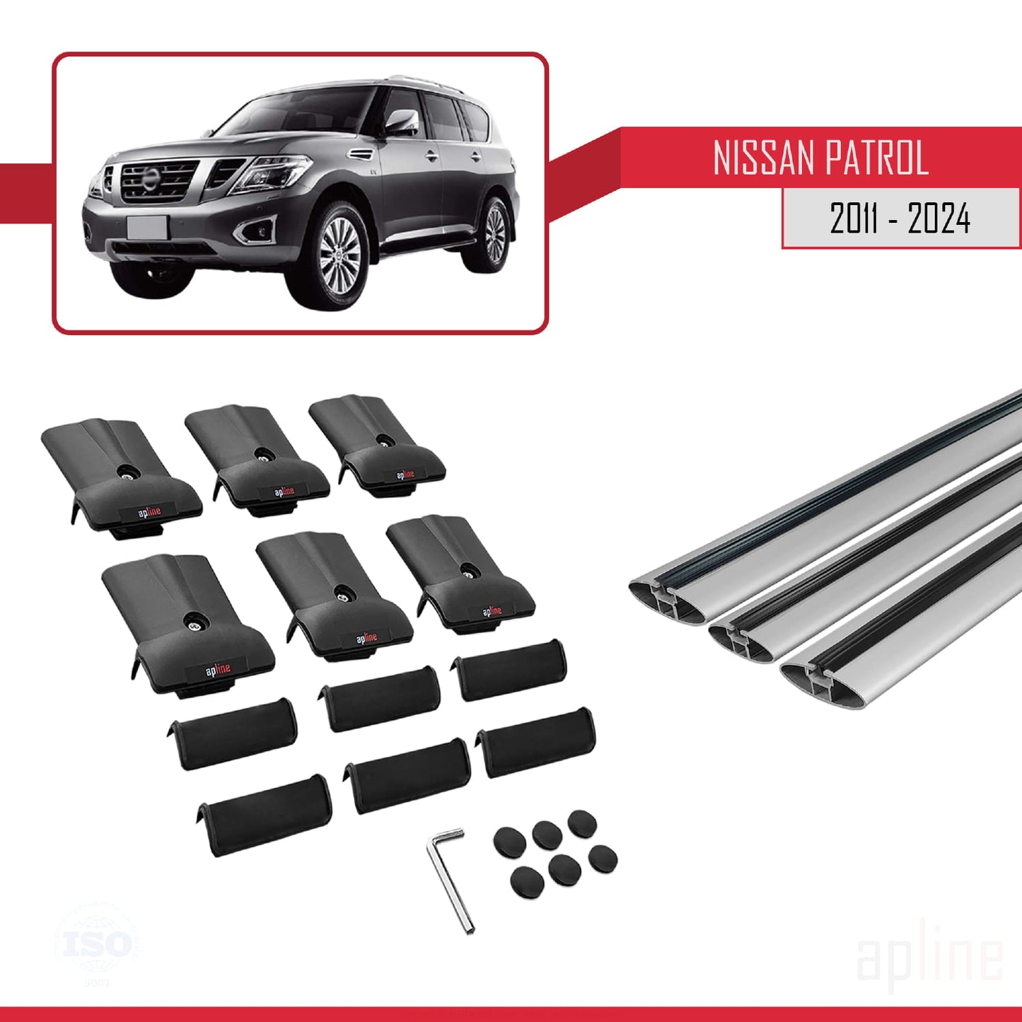 Compatible avec Nissan Patrol 6 (Y62) 2011-2024 FLY Model Barres de Toit Railing Porte-Bagages de Voiture Gris Aluminium 3 Barres
