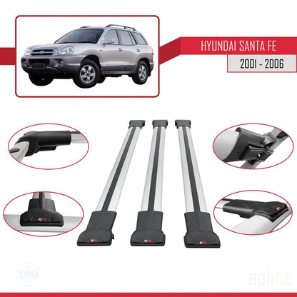 Compatible avec Hyundai Santa Fe (SM) 2001-2006 FLY Model Barres de Toit Railing Porte-Bagages de Voiture Gris Aluminium 3 Barres