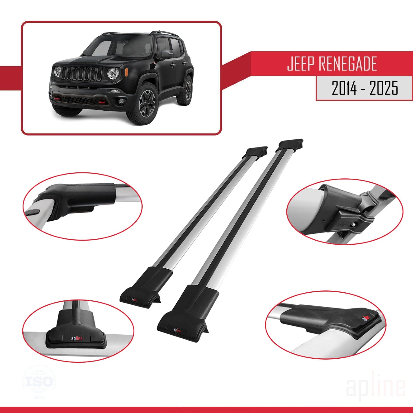 Compatible avec Jeep Renegade (BU) 2014-2025 FLY Model Barres de Toit Gris Aluminium 2 Barres
