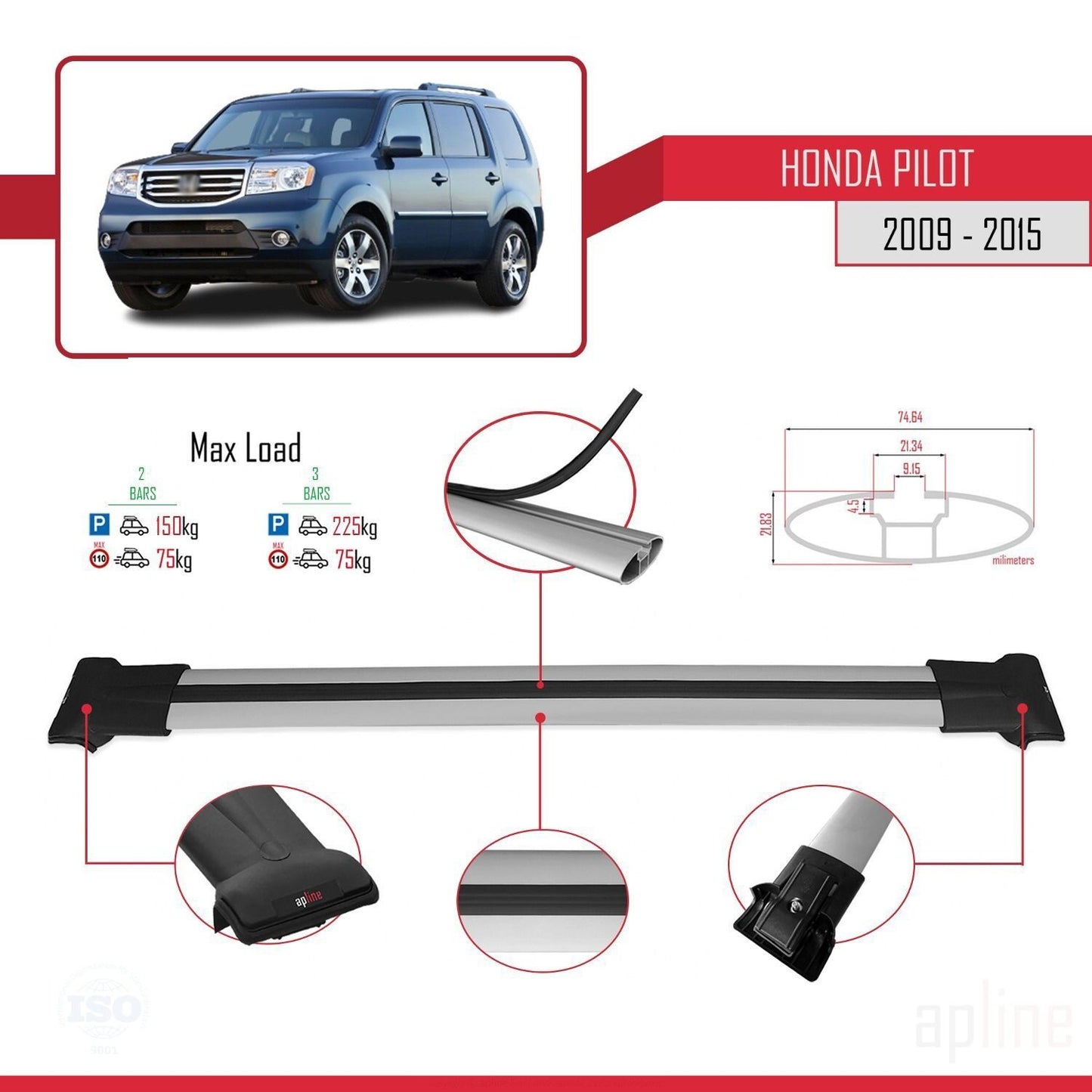 Compatible with Honda Pilot 2 2009-2015 FLY Model Car Roof Rack Cross Bar Grey Aluminium 2 Bars