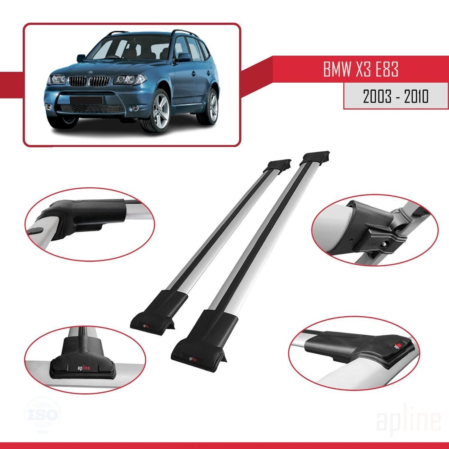Compatible avec BMW X3 (E83) 2003-2010 FLY Model Barres de Toit Railing Porte-Bagages de Voiture Gris Aluminium 2 Barres