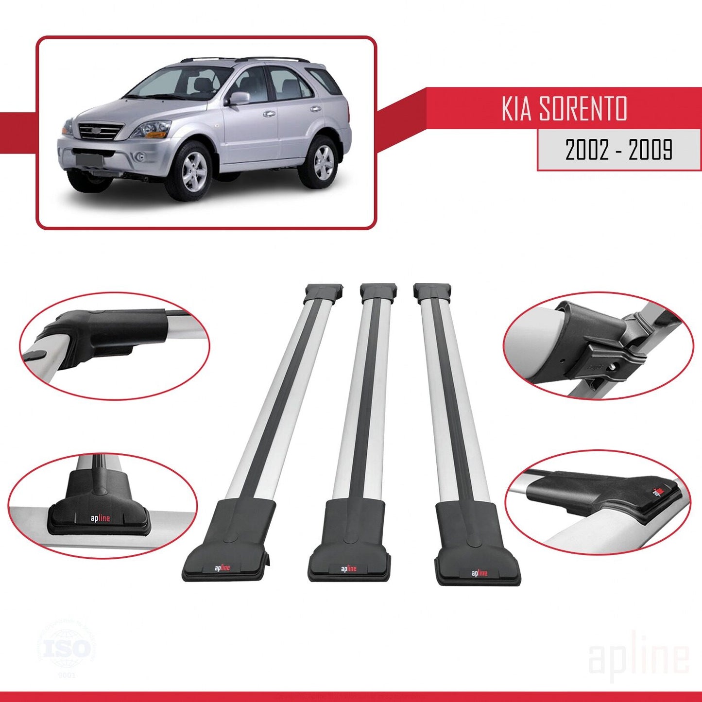 Compatible avec Kia Sorento (BL) 2002-2009 FLY Model Barres de Toit Railing Porte-Bagages de Voiture Gris Aluminium 3 Barres