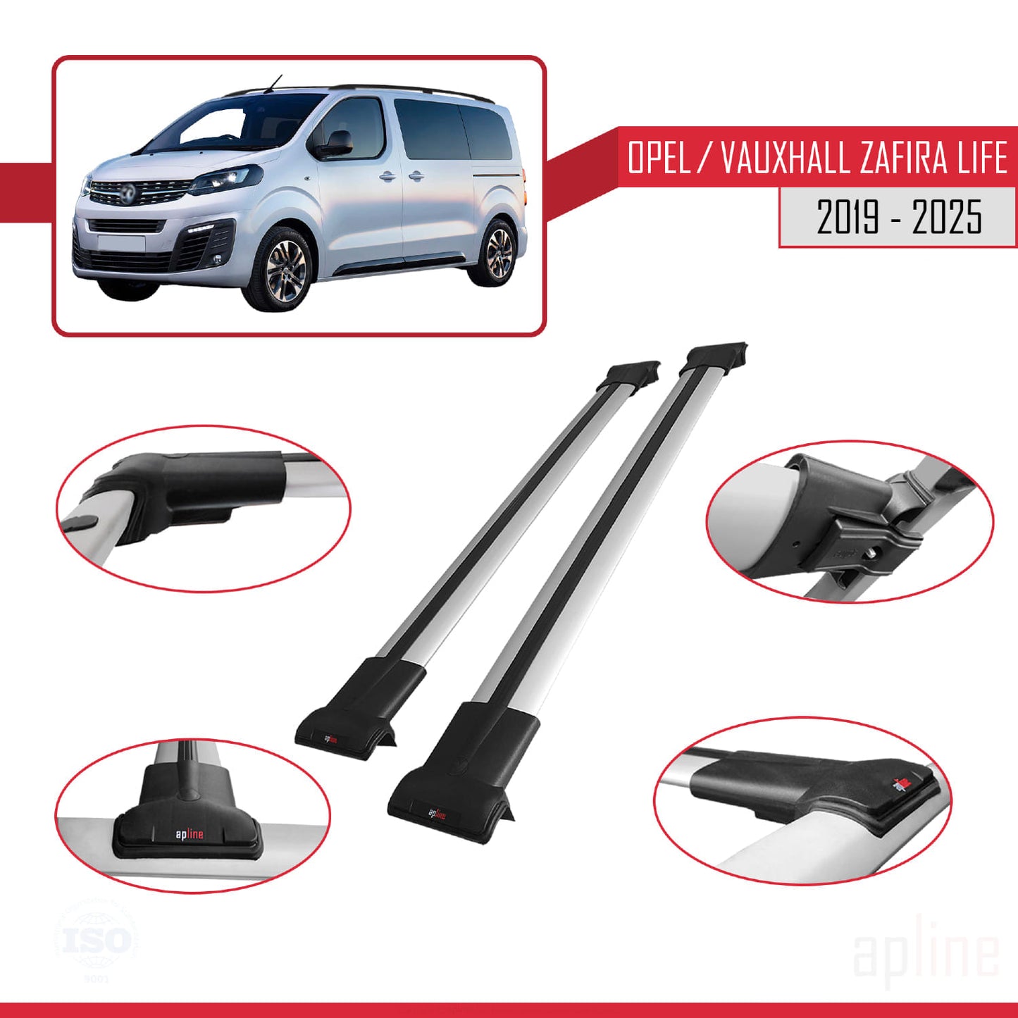 Compatible avec Opel Zafira Life 2019-2025 FLY Model Barres de Toit Railing Porte-Bagages de Voiture Gris Aluminium 2 Barres