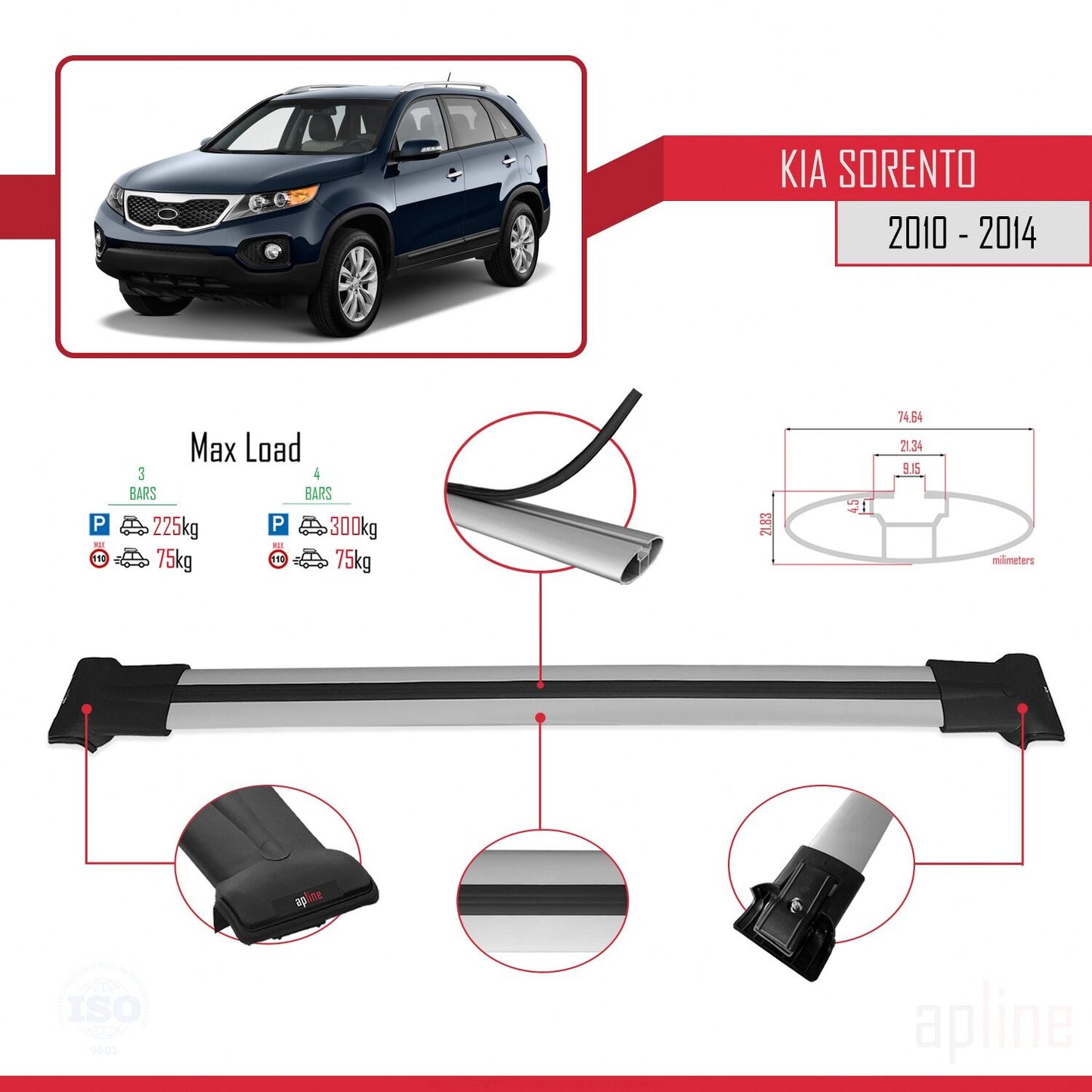 FLY Model Dakdrager bagagedrager compatibel met Kia Sorento 2 (XM) 2010-2014 Spoorstaven Grijs Aluminium 3 Staven