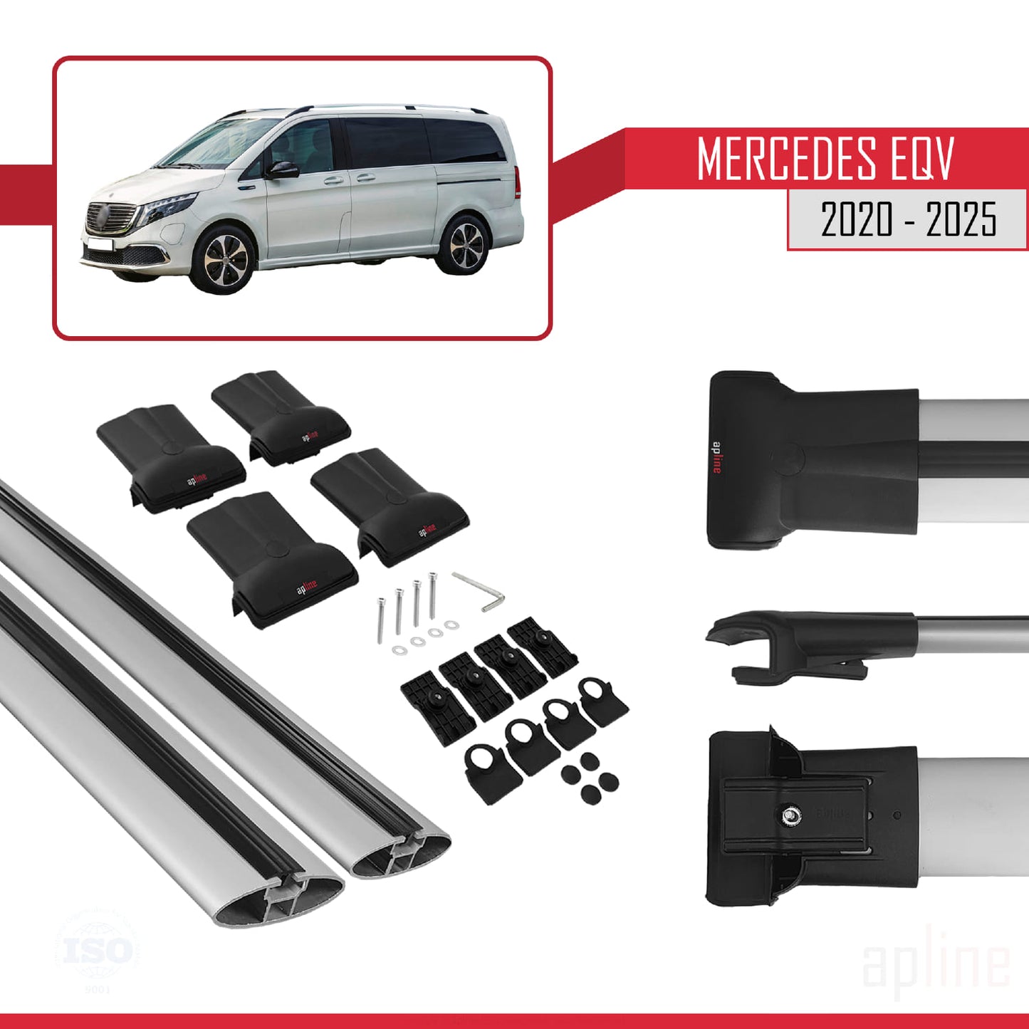 Compatible avec Mercedes EQV (W447) 2020-2025 FLY Model Barres de Toit Railing Porte-Bagages de Voiture Gris Aluminium 2 Barres