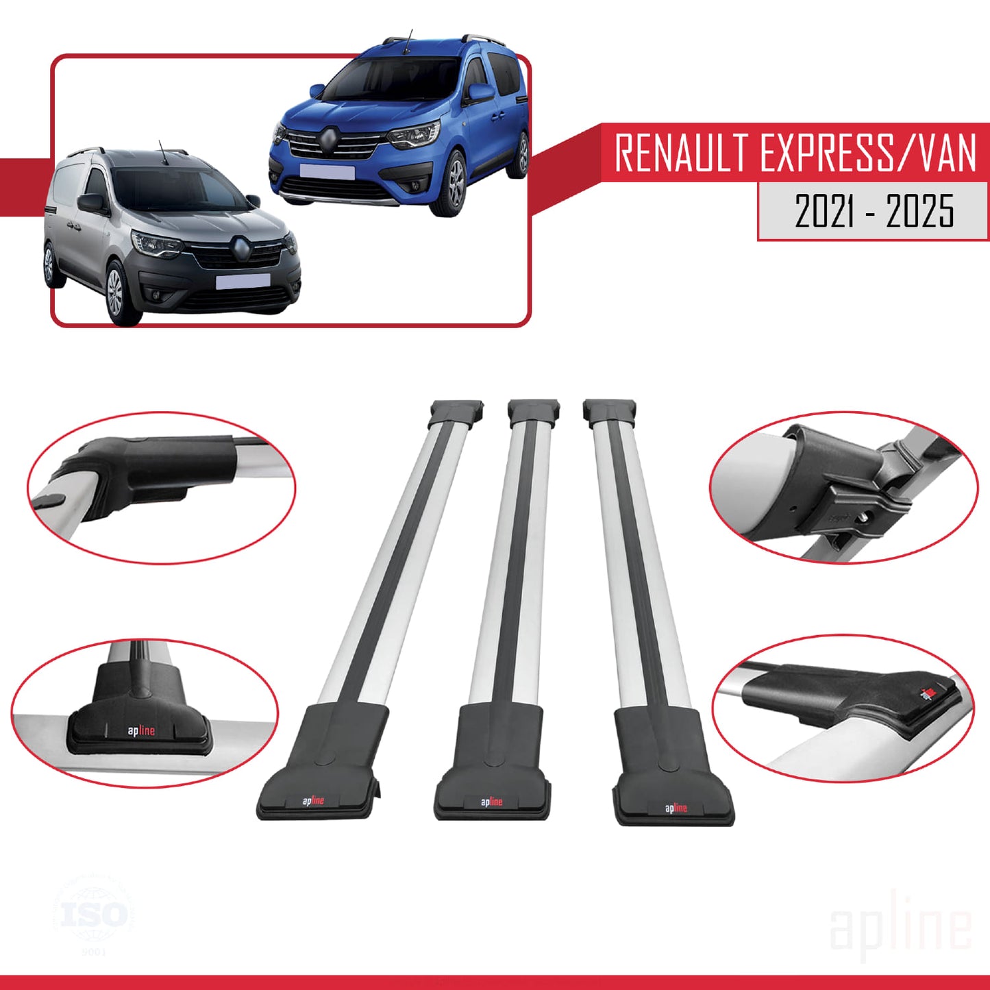 FLY Model Dakdrager bagagedrager compatibel met Renault Express 2021-2025 Spoorstaven Grijs Aluminium 3 Staven