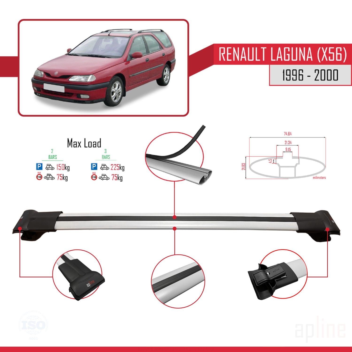 Compatible avec Renault Laguna (X56) 1996-200 FLY Model Barres de Toit Railing Porte-Bagages de Voiture Gris Aluminium 2 Barres