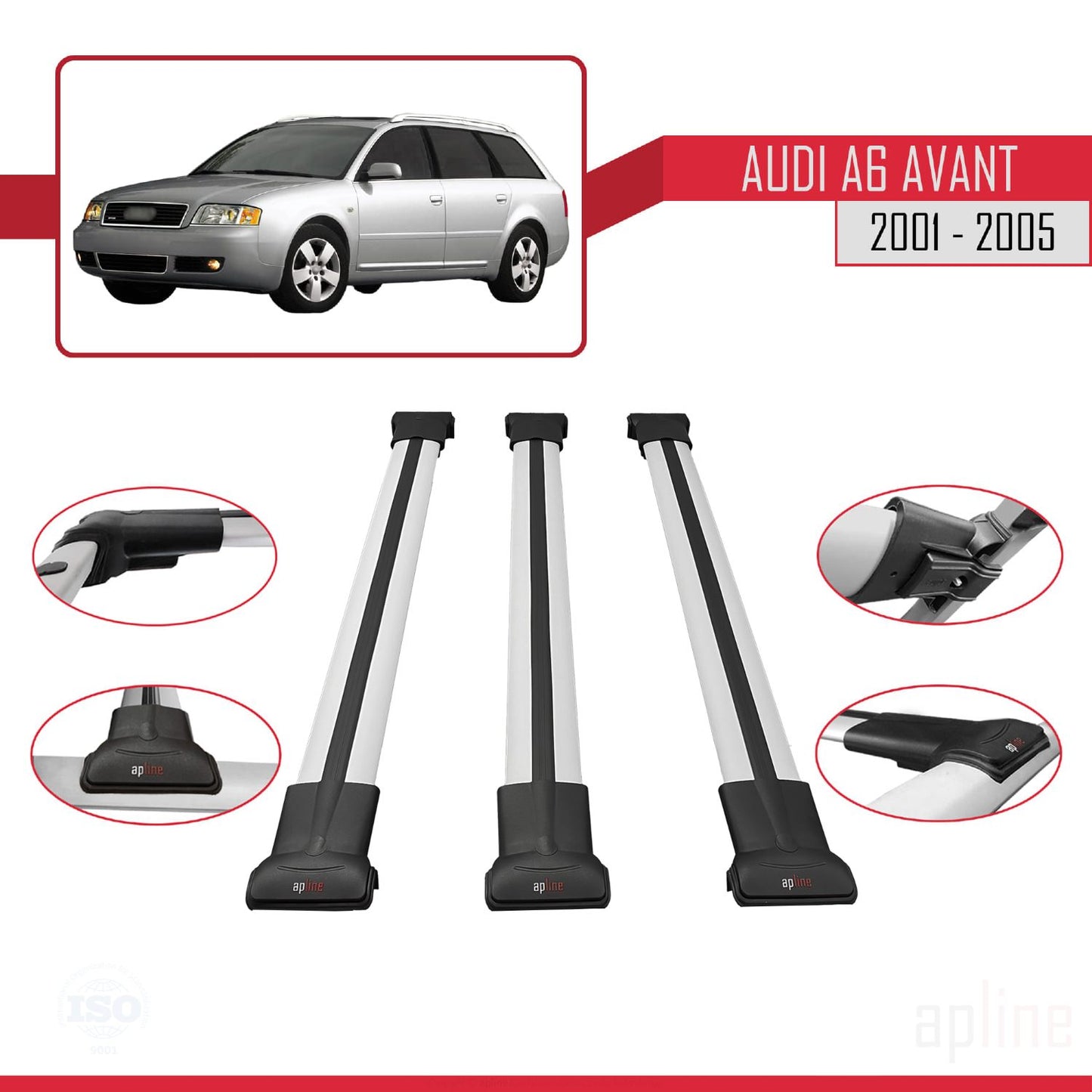 Compatible avec Audi A6 Avant 2001-2005 FLY Model Barres de Toit Railing Porte-Bagages de Voiture Gris Aluminium 3 Barres