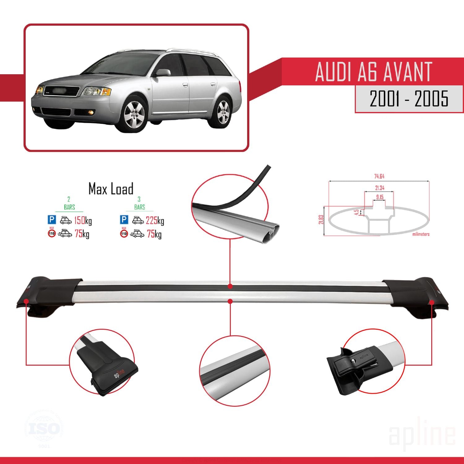 Compatible avec Audi A6 Avant 2001-2005 FLY Model Barres de Toit Railing Porte-Bagages de Voiture Gris Aluminium 2 Barres