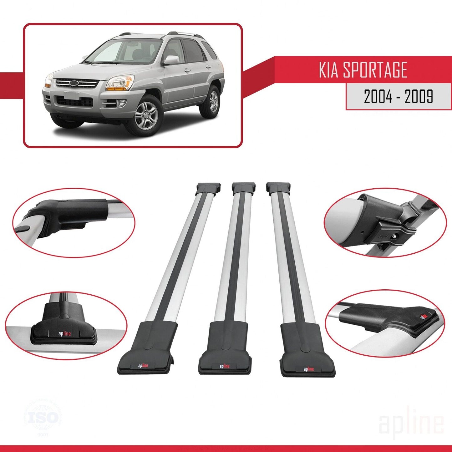 FLY Model Dakdrager bagagedrager compatibel met Kia Sportage 2 (JE) 2004-2009 Spoorstaven Grijs Aluminium 3 Staven